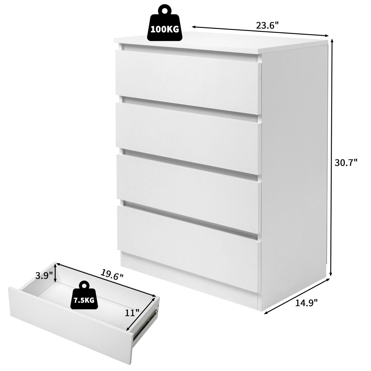 Comò OUTOPEE a 4 Cassetti, Cassettiera in Legno, Moderna Unità di Archiviazione Ampia, Comodino per Camera da Letto, Ufficio, Soggiorno, Bianco