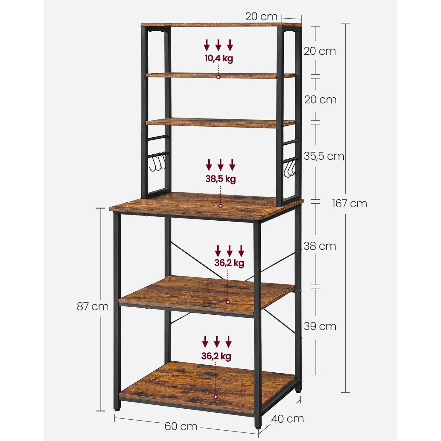 VASAGLE Scaffale Portaoggetti da Cucina, Stazione Caffè, Griglia da Forno, con 6 Ripiani e 6 Ganci, Adatto per Microonde, Struttura in Acciaio, Stile Industriale, Dimensioni 40 X 60 X 167 Cm