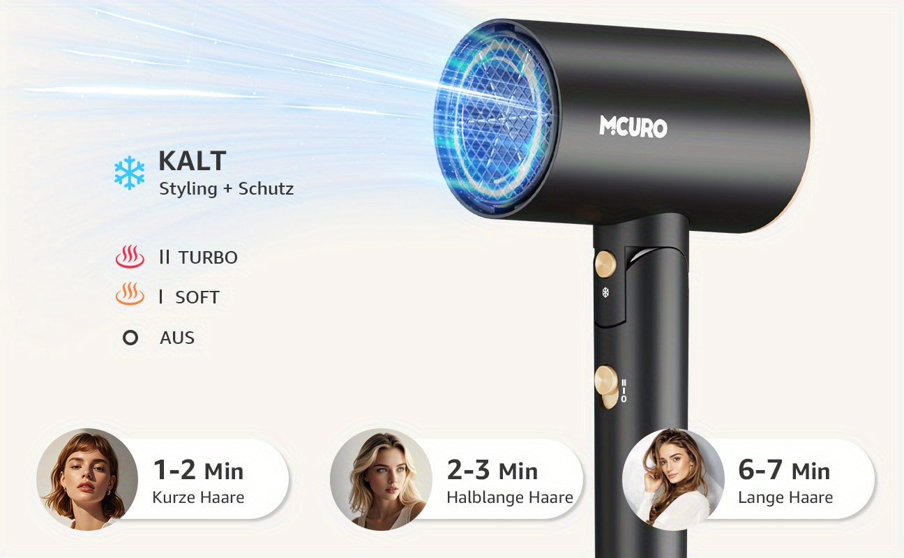Asciugacapelli da Viaggio Pieghevole con Tecnologia a Ioni Negativi e Controllo della Temperatura - 3 Velocità/Impostazioni di Calore, Pulsante Aria Fredda, Ugello Concentratore, Motore Brushless, Styler per Capelli a Asciugatura Rapida, Tensione (Compati