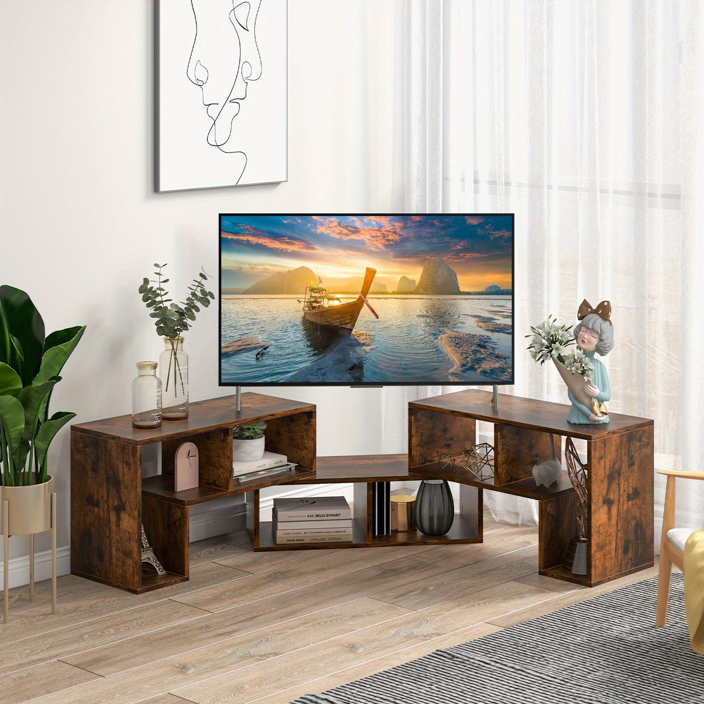Mobile TV in legno a 3 pezzi, componibile liberamente, tavolo TV per TV fino a 65 pollici, mensola angolare estensibile, mobile TV basso, libreria multifunzionale, scaffale portaoggetti