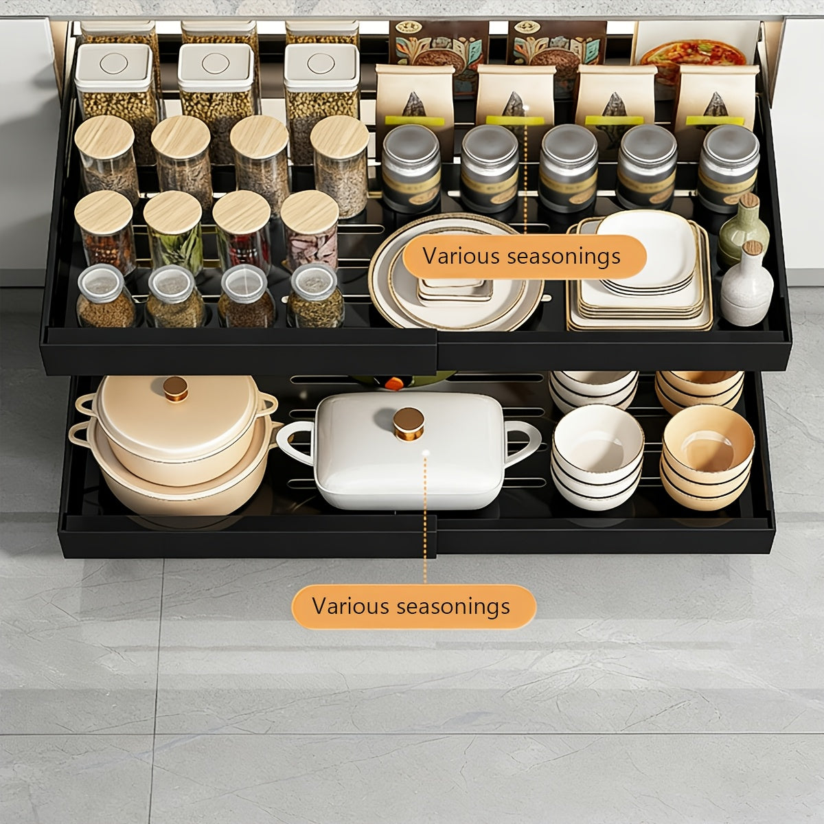 1 Confezione di organizer per mobili a scorrimento Heavy Duty - Larghezza espandibile da 32.0cm a 52.32cm, profondità 43,18cm, doppia montatura adesiva/trapano, contenitore multiuso per cucina, bagno, cassetti da garage, mobili da cucina
