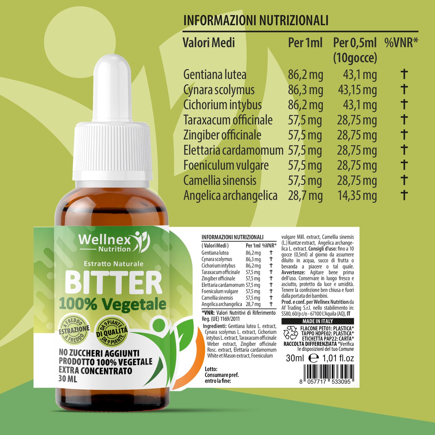 BITTER – 30ml, Estratto AMARO 100% Vegetale da 9 Piante, Senza Alcol, No Zuccheri Aggiunti, Estratto di Carciofo, Genziana, Cardamomo, Zenzero, Tè Verde, Dente di leone, Finocchio e Tarassaco | Wellnex Nutrition
