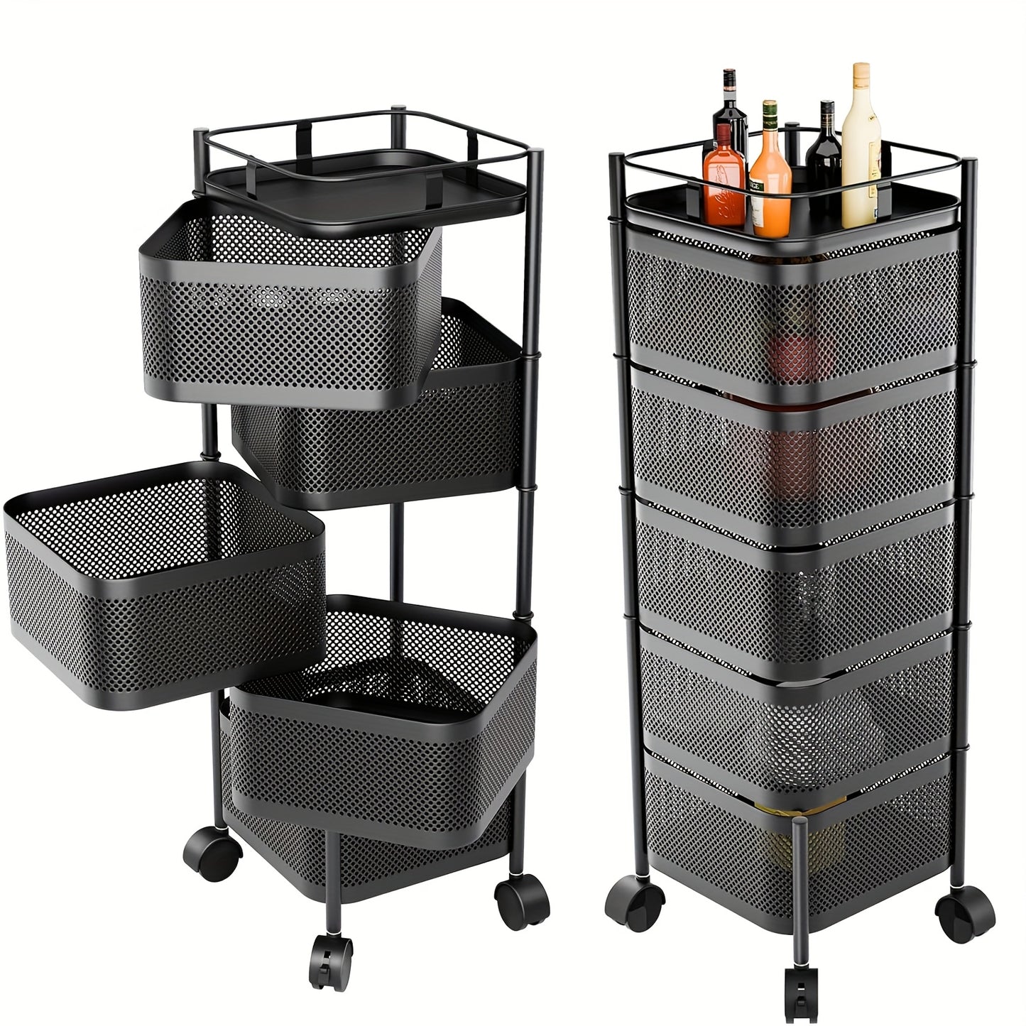 Carrello portaoggetti da cucina, carrello girevole a 5 ripiani con ruote, contenitore portafrutta per cucina, grande scaffale portaoggetti con rete traforata, portafrutta e verdure con coperchio superiore in metallo nero, mensola autoportante