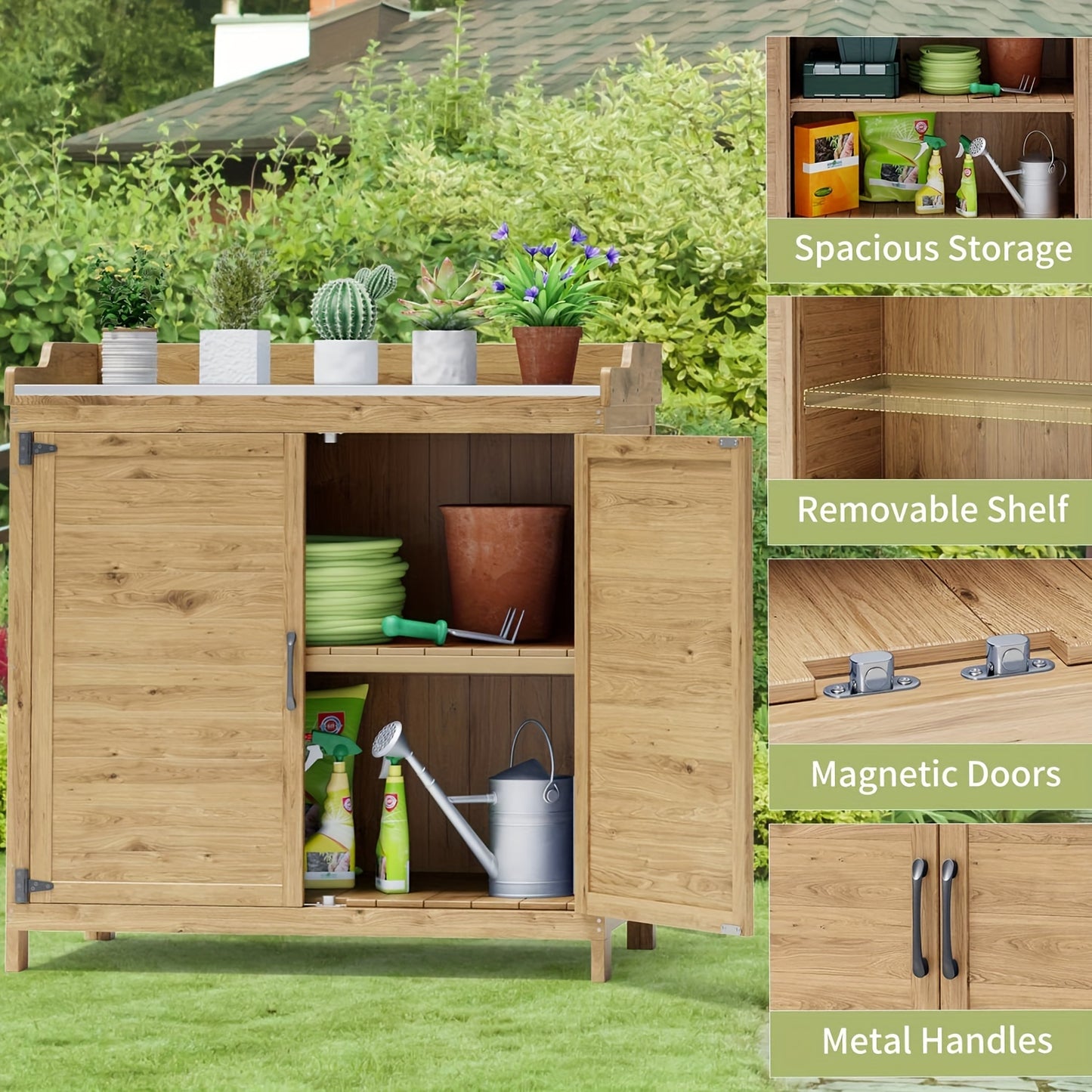 Tavolo per piante con mobiletto base, mobile da giardino con piano di lavoro e 1 ripiano mobile per uso interno ed esterno (Naturale, )