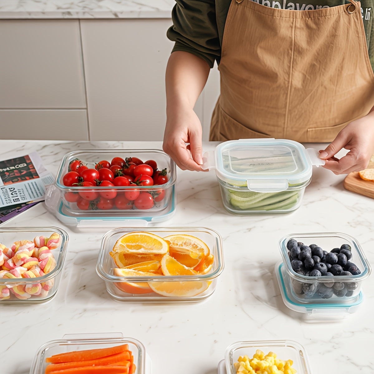 Set da 16 pezzi di contenitori ermetici in vetro per alimenti, portapranzo, forni a microonde, forni - Perfetti per insalate, frutta, verdura e panini, portapranzo | Conservazione ermetica | Vetro resistente, contenitori per alimenti (8 coperchi + 8 conte