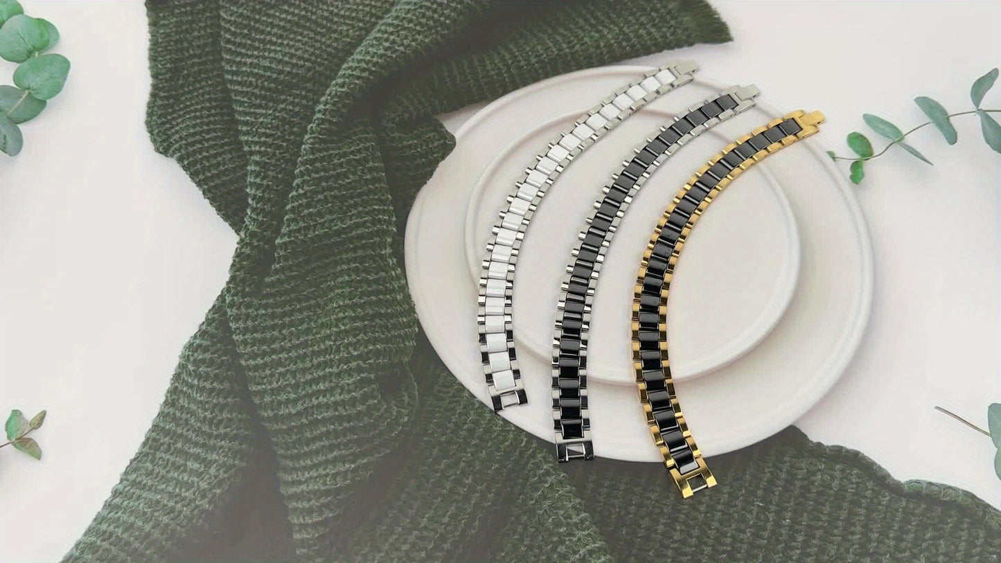 Bracciale Magnetico Uomo JewelryWe, Bracelet Ceramica Moda a Link Rettangolari in Oro Argento Nero Bianco Stile Moderna, Gioiello Benessere Design Classici e Contemporanee di Alta Qualità per Polso Unisex Accessorio Casual