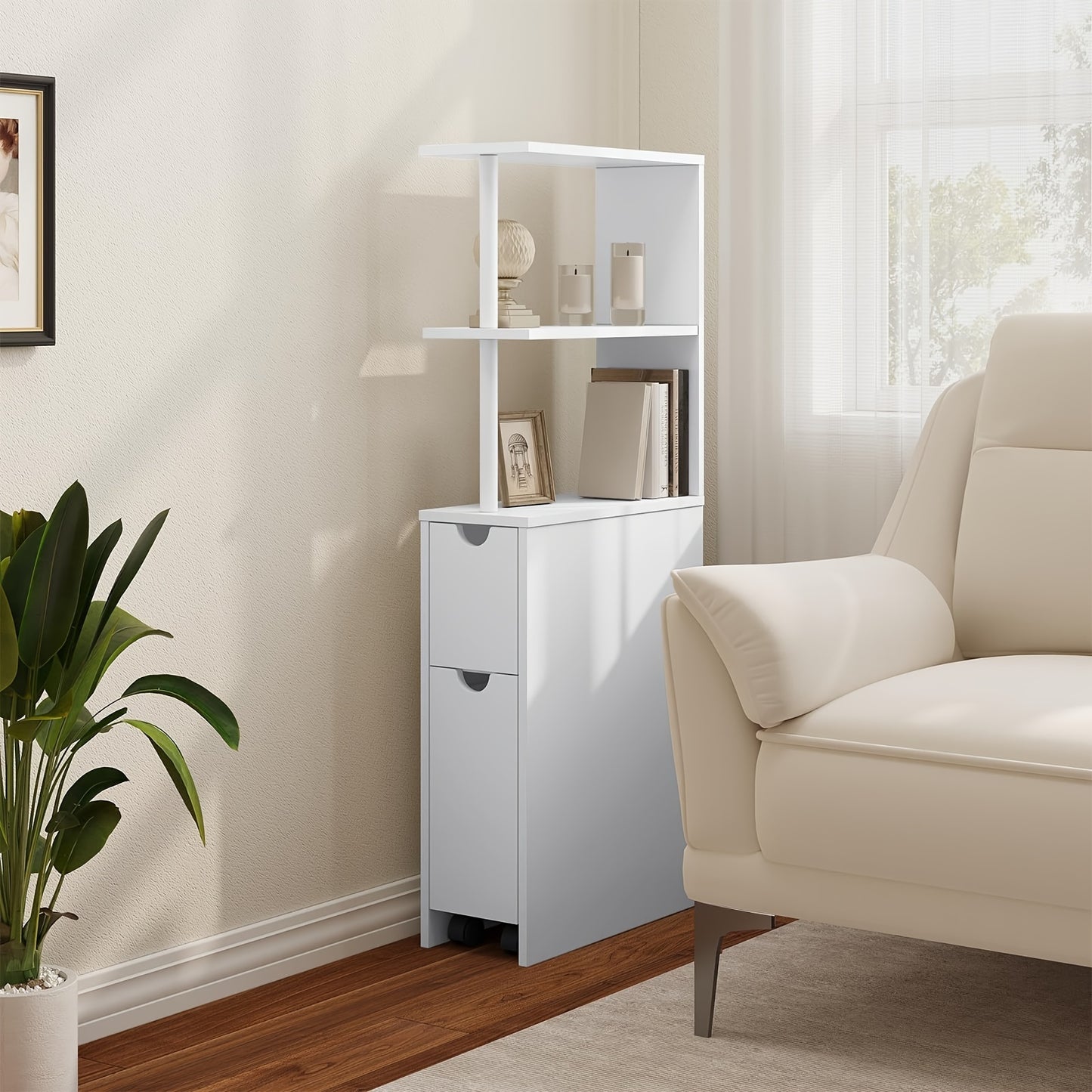 1 pz. Mobiletto da Bagno con Nicchia con Cassetti su Rotelle, Ripiani Aperti, Mobiletto da Bagno Mobiletto da Bagno Stretto, Credenza Mobiletto da Cucina Multifunzionale, Bianco, 19x113x45 Cm (LxAxP)