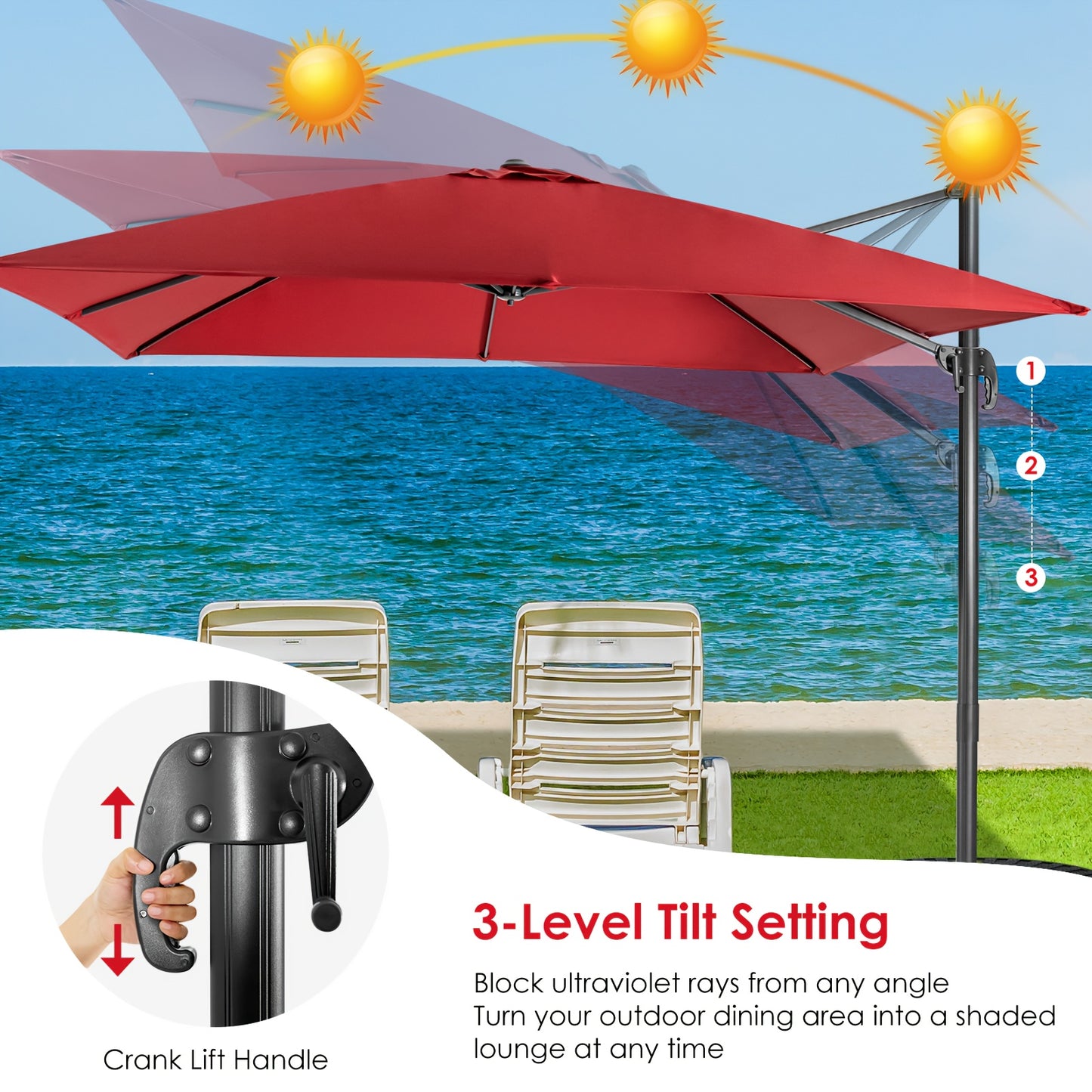 Ombrellone quadrato 300 X 300 cm, ombrello parasole con portico girevole a 360°, ombrello da giardino inclinabile, grande ombrellone da patio, ombrello da mercato per giardini esterni, patii, bar (Beige/Rosso/Caffè)