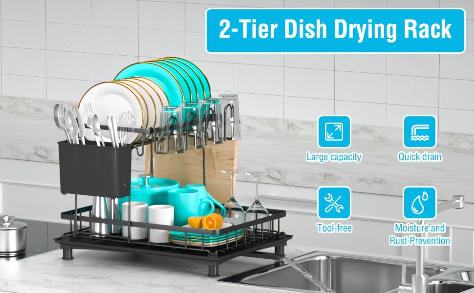 Scolapiatti a 2 piani grande capacità, multifunzionale e antiruggine per piano di lavoro cucina con porta utensili, portabicchieri, nero