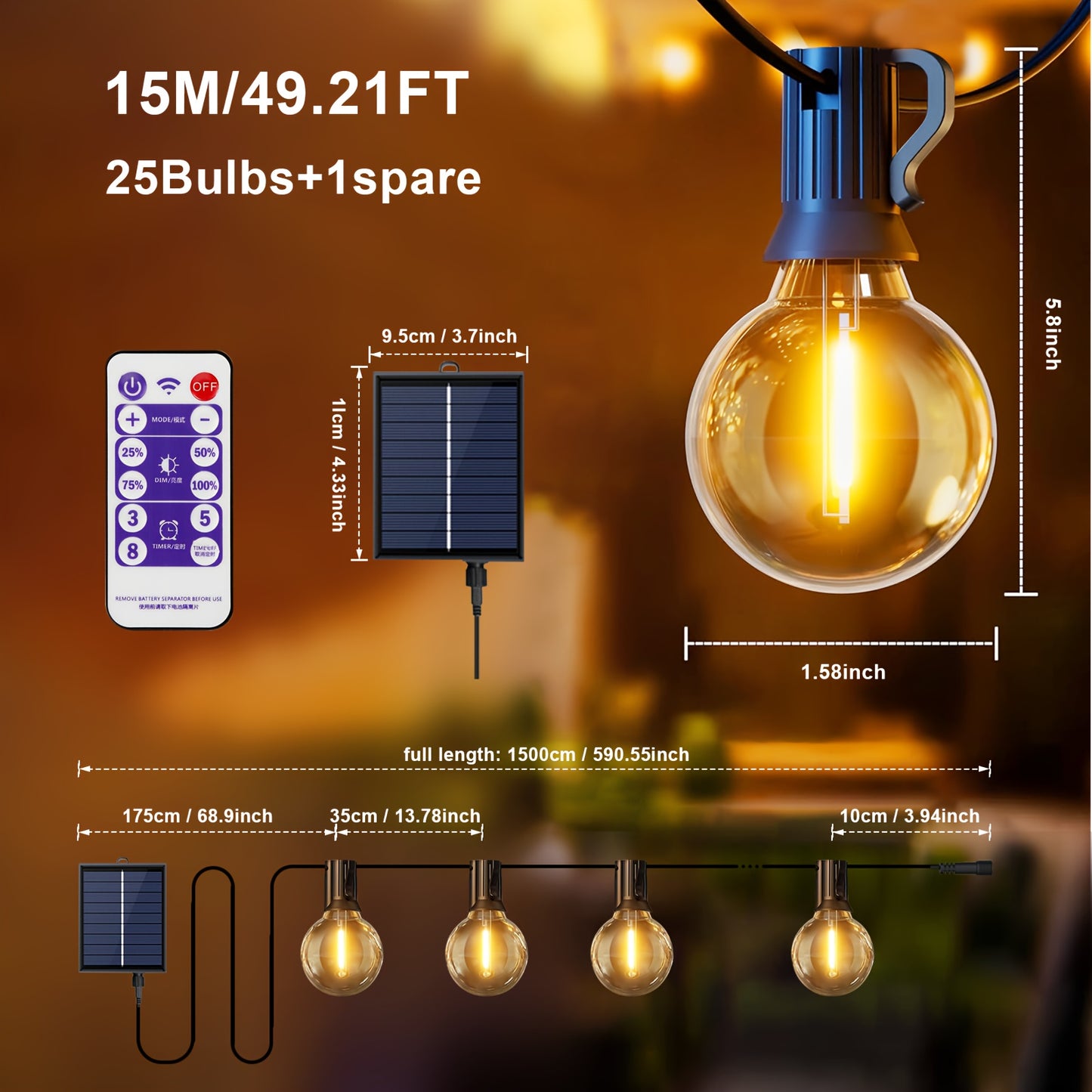 Luci a stringa solari G40, fino a 18m, IP65, 8 modalità, timer, dimmerabili, lampadine trasparenti con filamenti caldi, da appendere a patio/giardino, accensione/spegnimento automatico, LUCE per un'atmosfera perfetta