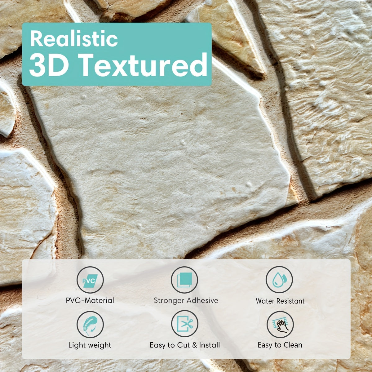 Questo pacchetto include dieci pannelli murali 3D autoadesivi con superficie in PVC effetto pietra, ciascuno misurato 30 per 30 centimetri, progettati per decorare pareti interne.