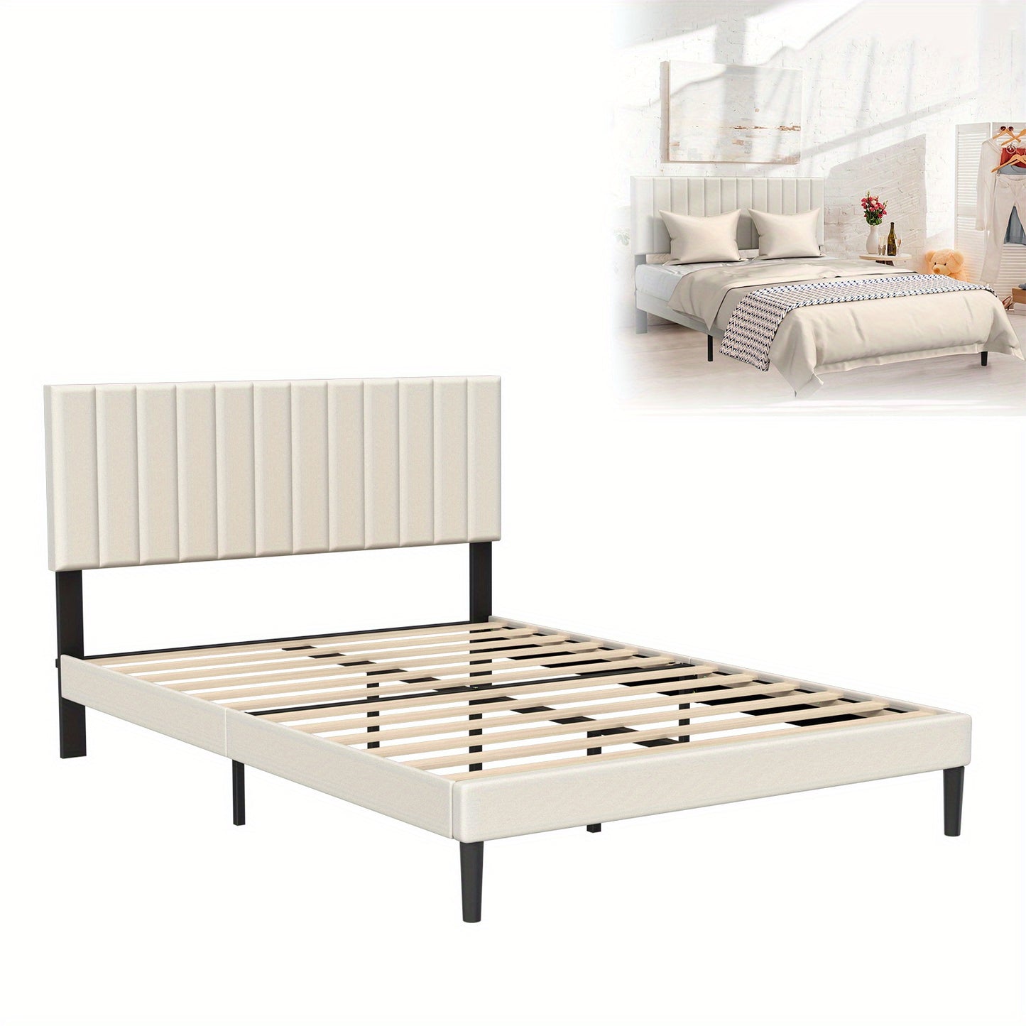Letto con Bottoni, Letto Imbottito - Struttura a Piattaforma con Testiera in Velluto Imbottito, Supporto a Doghe in Legno, Letto Matrimoniale per Adulti, Design Moderno, Beige, 90/140/160 x 200 cm
