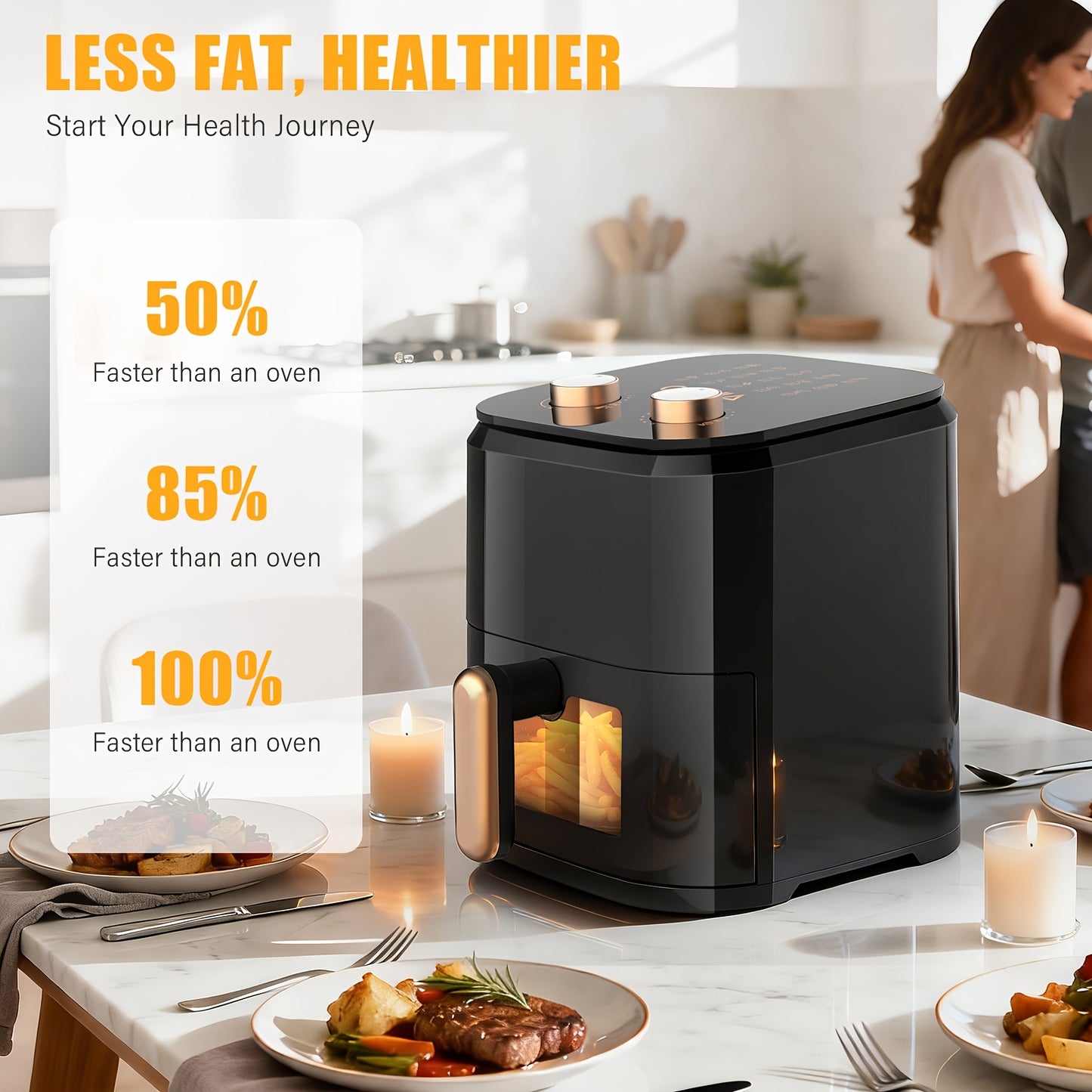 Friggitrice ad aria da 5L per 2-3 persone, Friggitrice ad aria piccola con 15 opzioni di menu, Doppio manopola per temperatura manuale, Timer, Circolazione rapida dell'aria 3D, Antiaderente, Cestello lavabile in lavastoviglie, Cottura sana senza olio