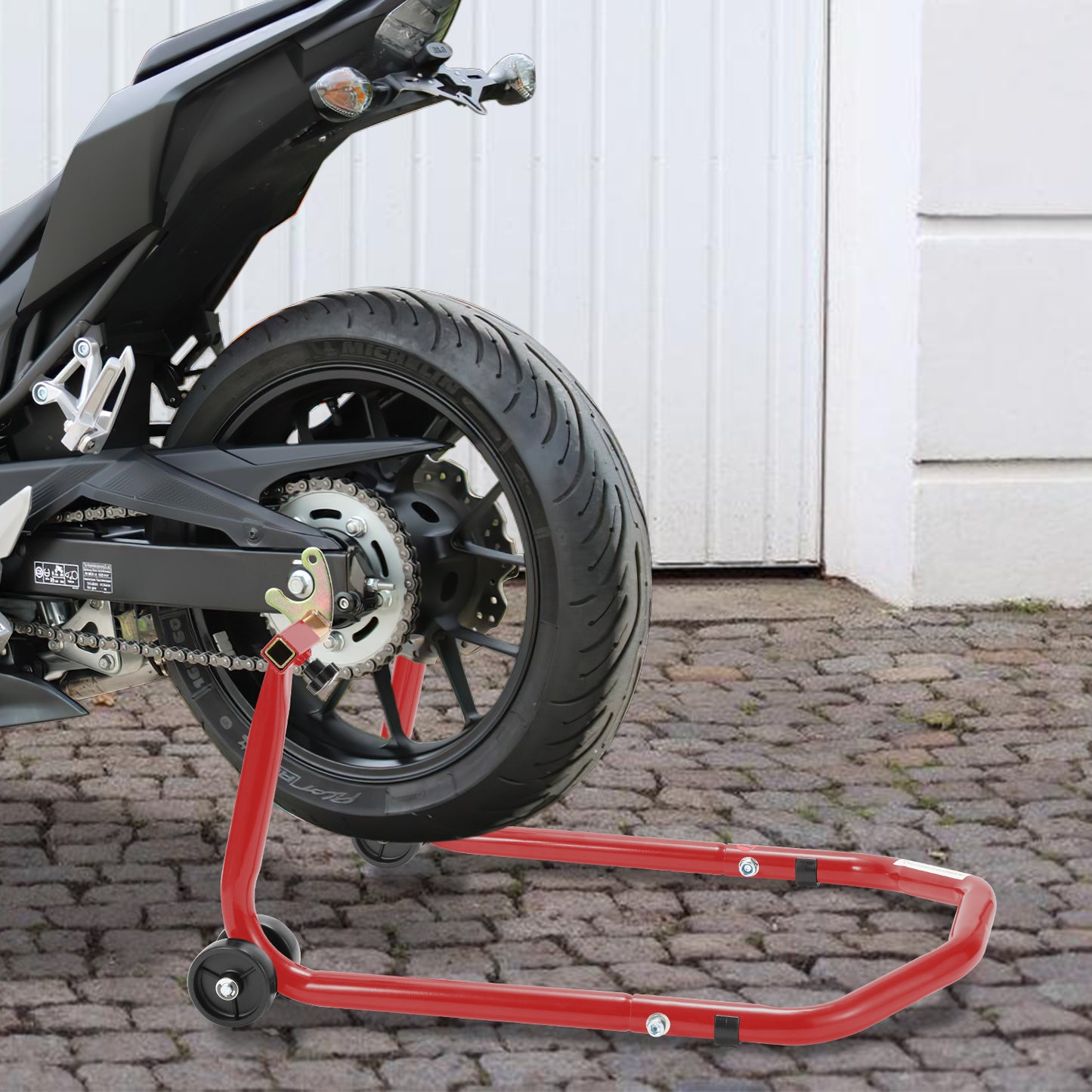 Cavalletto per moto anteriore/trasversale, cavalletto di assemblaggio per moto fino a 300 kg, sollevatore per moto, cavalletto a bilanciere per moto con doppia ruota, cavalletto per moto ad alta stabilità (Nero/Rosso)