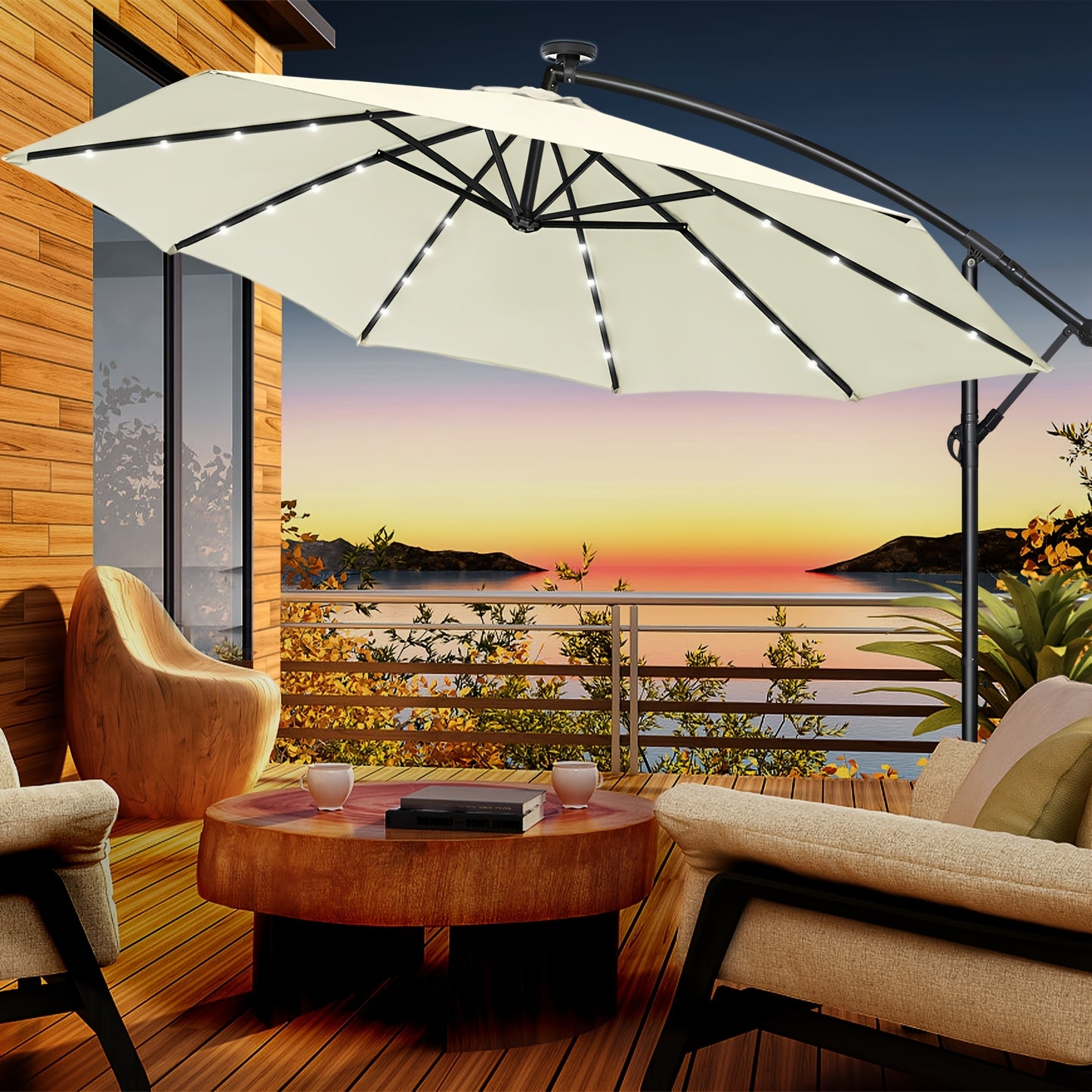 Parasole da balcone 300/350cm, parasole a sbalzo LED con manovella, parasole da giardino in alluminio con supporto, protezione solare, protezione UV, terrazza, giardino, spiaggia