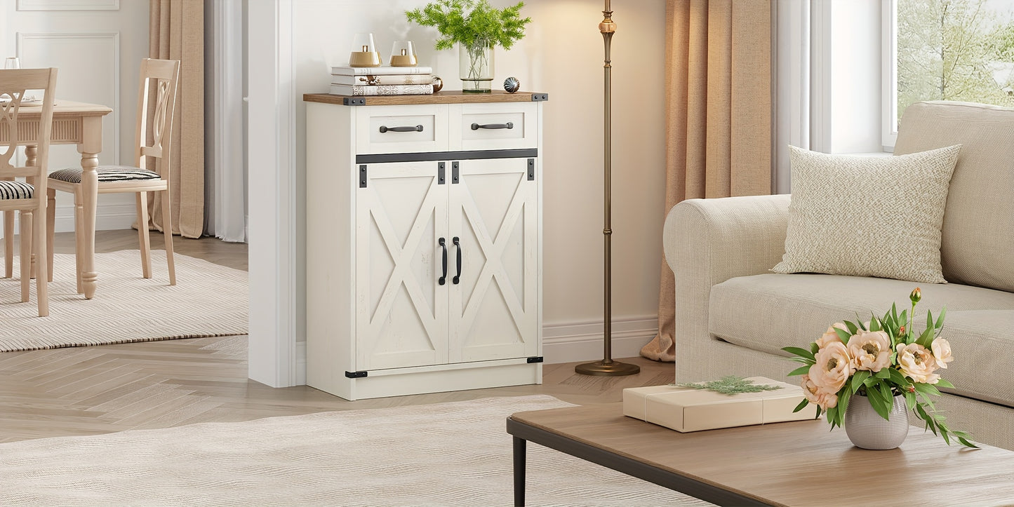 Armadietto Bagno, Armadio con 2 Cassetti e 2 Ante, Mobile da Cucina, Mensola Regolabile, Stile Country House, Soggiorno, 30 x 60 x 80 cm, Marrone Vintage-Bianco