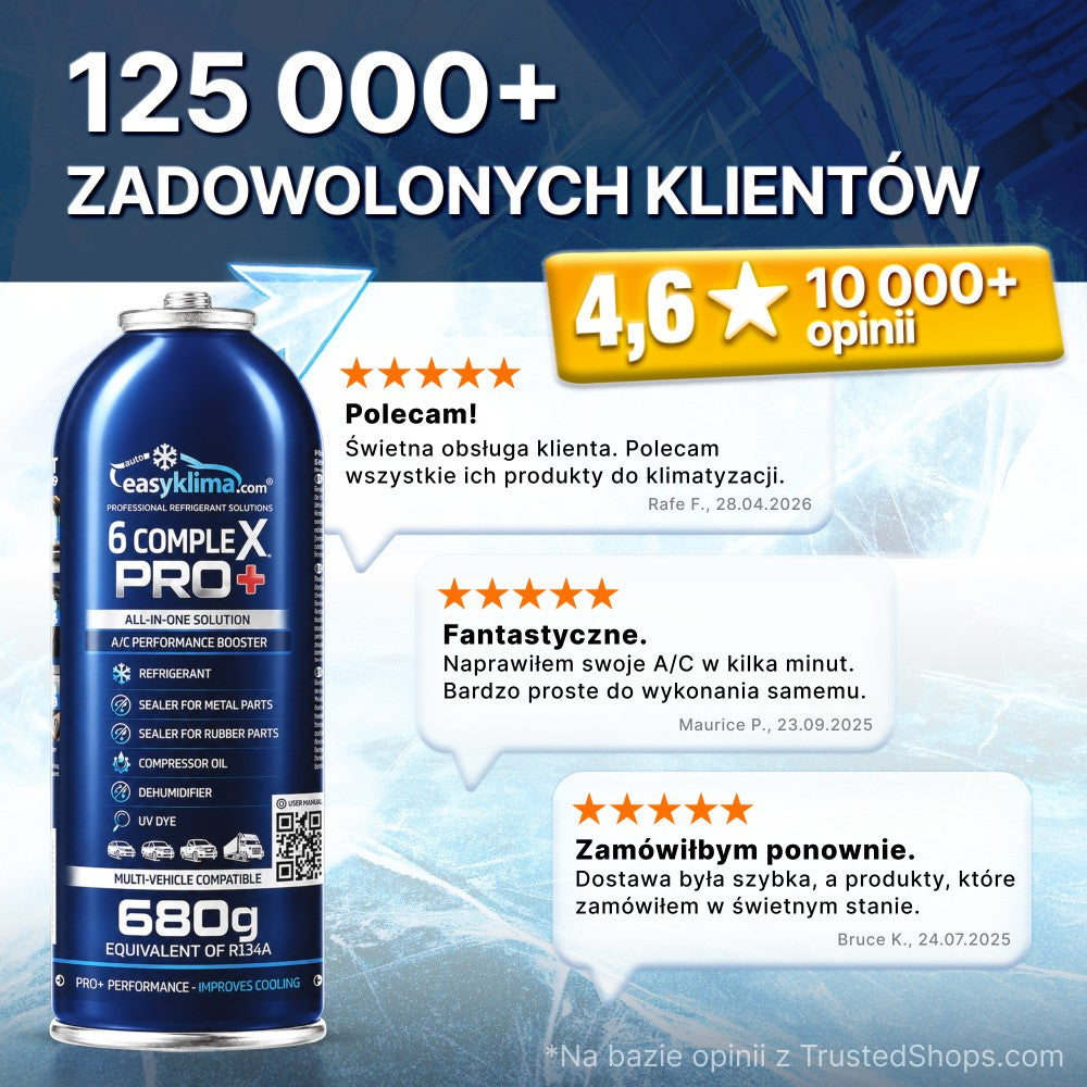Kit 2x EasyKlima 6 Complex PRO+ R134a 6 in 1, due preparati per aria condizionata automobilistica, bombola da 680 g, agente di ricarica per impianti, sigillante per gomma e metallo, olio per compressore, essiccante per riduzione umidità, colorante UV per