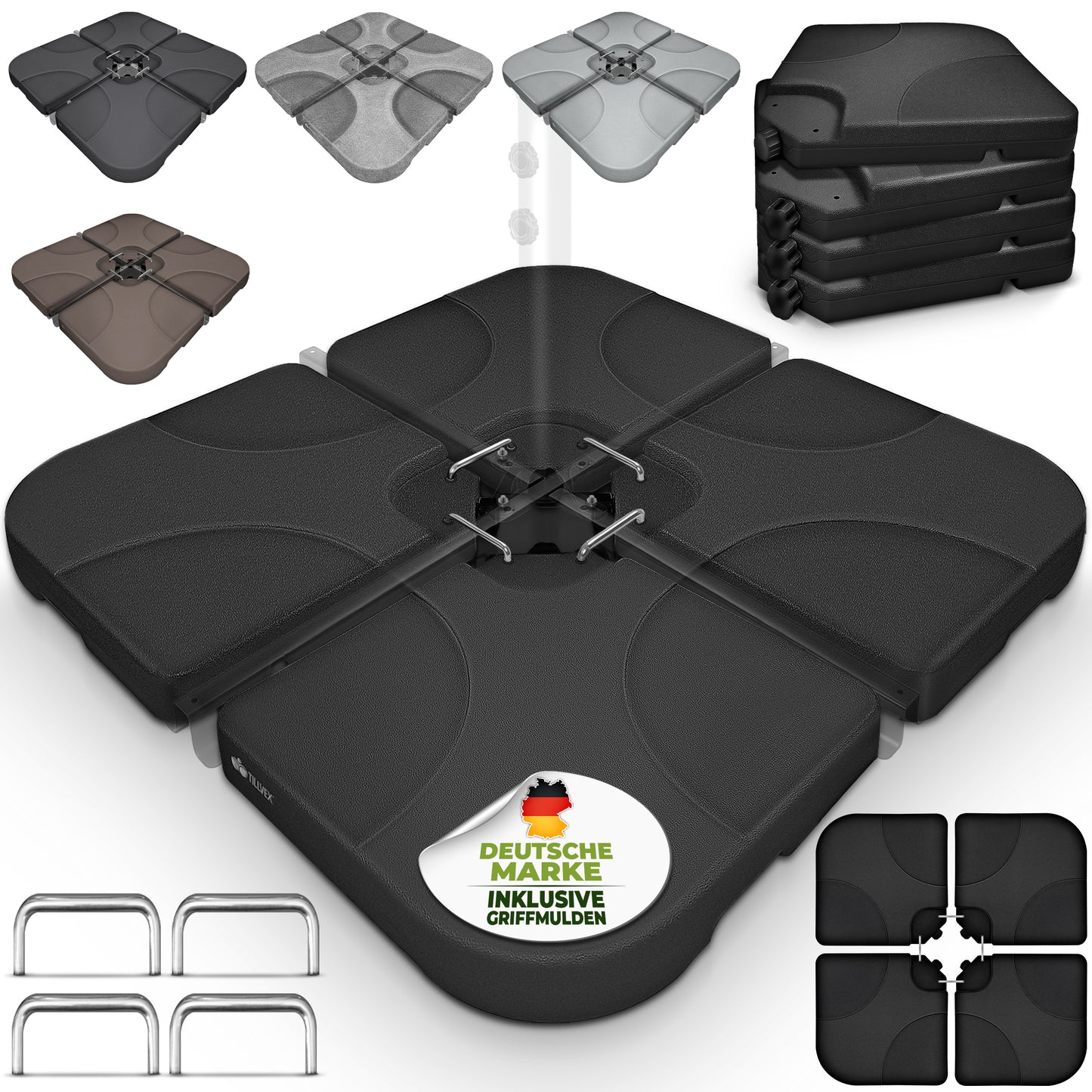 Tillvex® Supporti per Ombrelloni da Sole 60 Litri / 80 Kg - 4 Parti per Ombrellone con Semaforo Incluse Connettori in Metallo | Peso Ombrellone Riempibile con Acqua o Sabbia | Supporto per Ombrellone Resistente alle Intemperie per Balcone Esterno, Terrazz