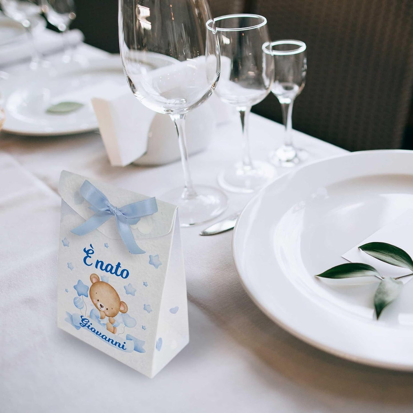 Set 8 Scatoline Bomboniere personalizzate con nome, Prima Nascita, Baby shower, scatole Portaconfetti + 4 mt. nastro raso, Festa nascita bimbo orsetto blu