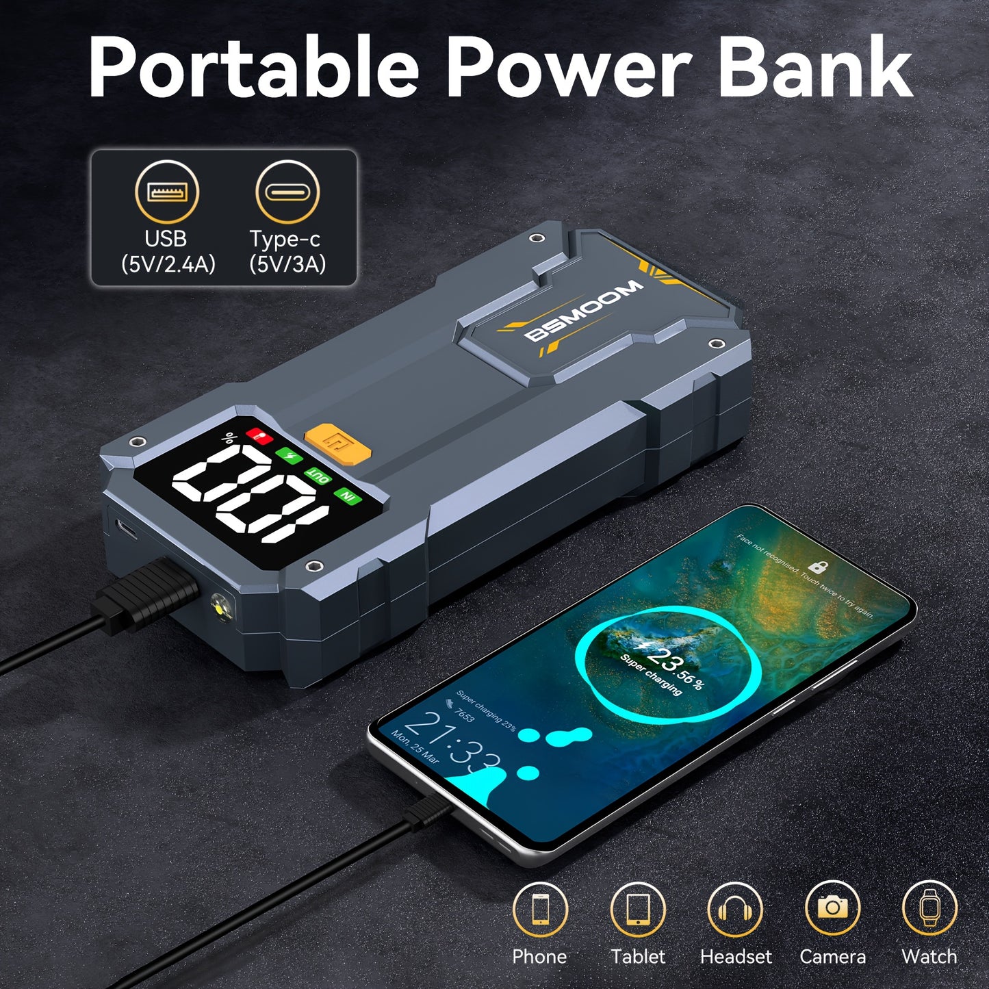 Avviatore per auto 12V, avviatore per auto portatile, picco 9000A, booster per batteria auto, power bank da 12800mAh/26800mAh per telefono, caricabatterie rapido, luce LED, display digitale LCD (adatto per motori a benzina da 10.0 o diesel da 8.0L)