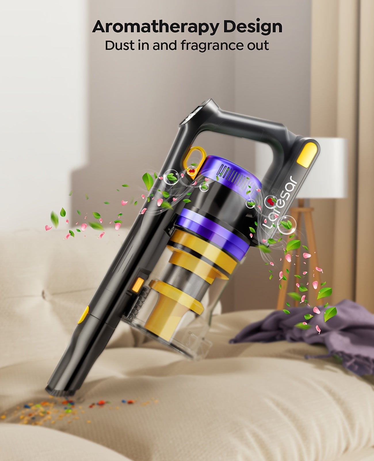 Laresar X11 Aspirapolvere Senza Fili 550W/46Kpa per la Casa, 60 Minuti, Anti-Groviglio, Aspirapolvere a Bastone con Doppia Maniglia Ricaricabile, Leggero, con Aromaterapia per Peli di Animali Domestici, Tappeti, Pavimenti, Pulizia di Primavera