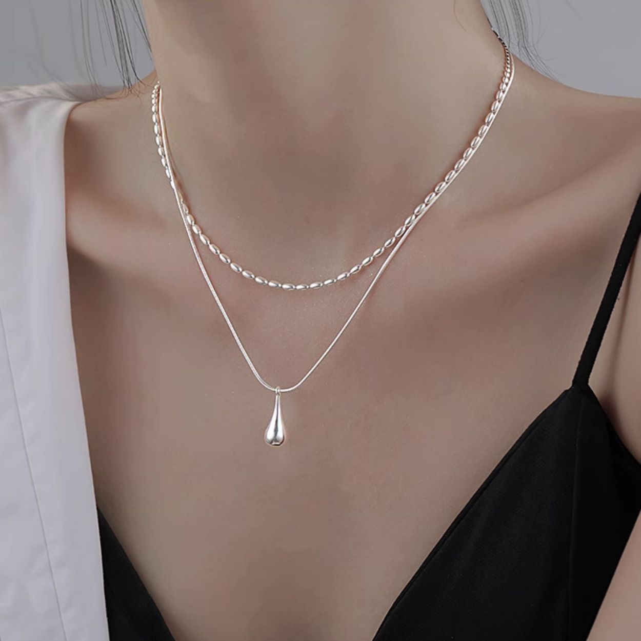 Catena in Argento Sterling 925, Collana Minimalista a Doppio Strato da Donna con Ciondolo Pendente, Elegante e Moderna, Ideale come Regalo per Donne
