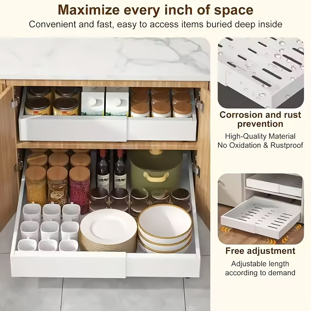 Organizzatore per pensili estraibile espandibile per carichi pesanti, con 3 guide silenziose, larghezza regolabile (30,99 cm-51,99 cm), adatto per pensili da cucina, ripiani estraibili per pensili