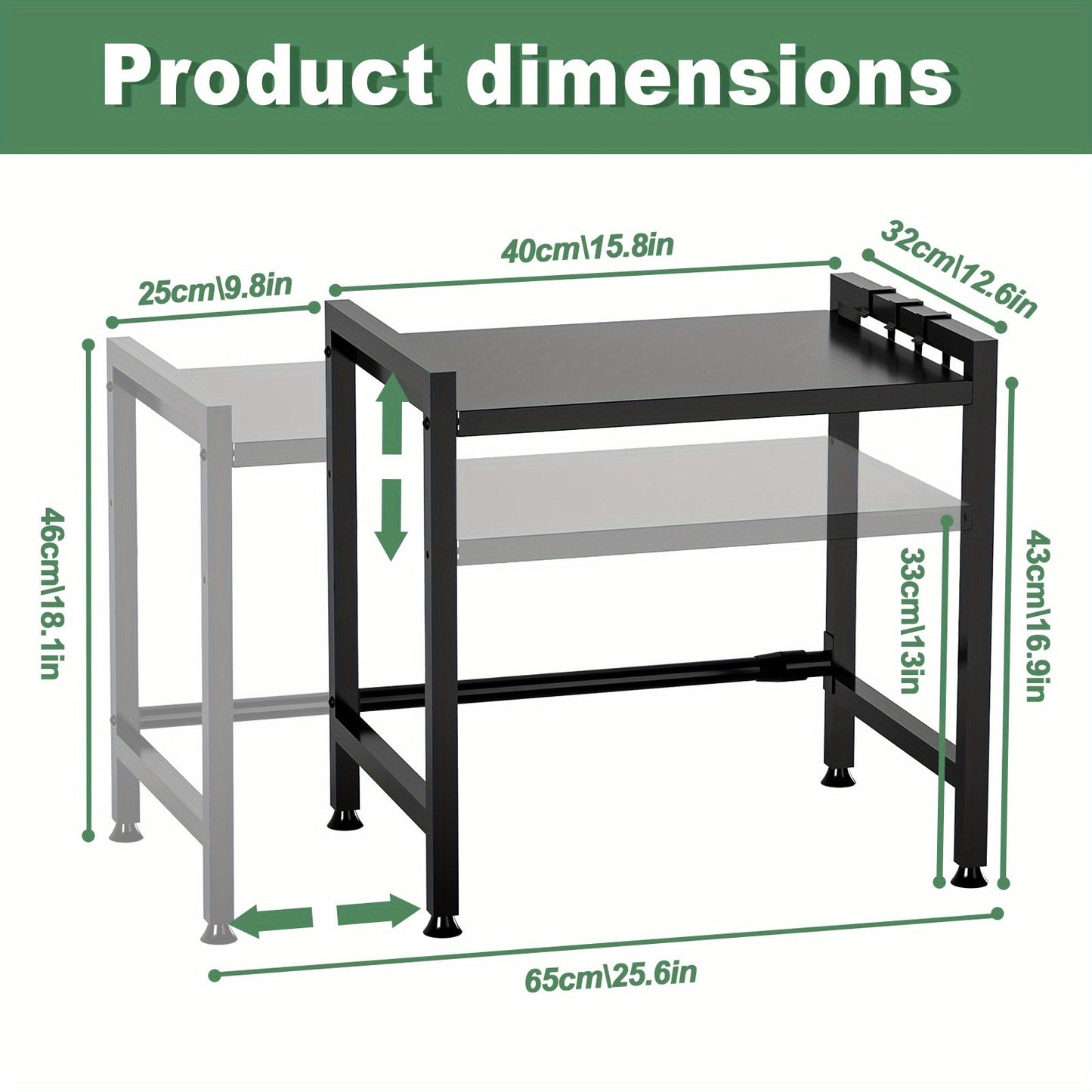 Mensola Regolabile per Microonde, Mensola Espandibile a 2 Livelli in Acciaio al Carbonio, Organizzatore per Cucina con 6 Ganci, Nero, Pratico Scaffale Verticale per Spezie, Mensola Autoportante
