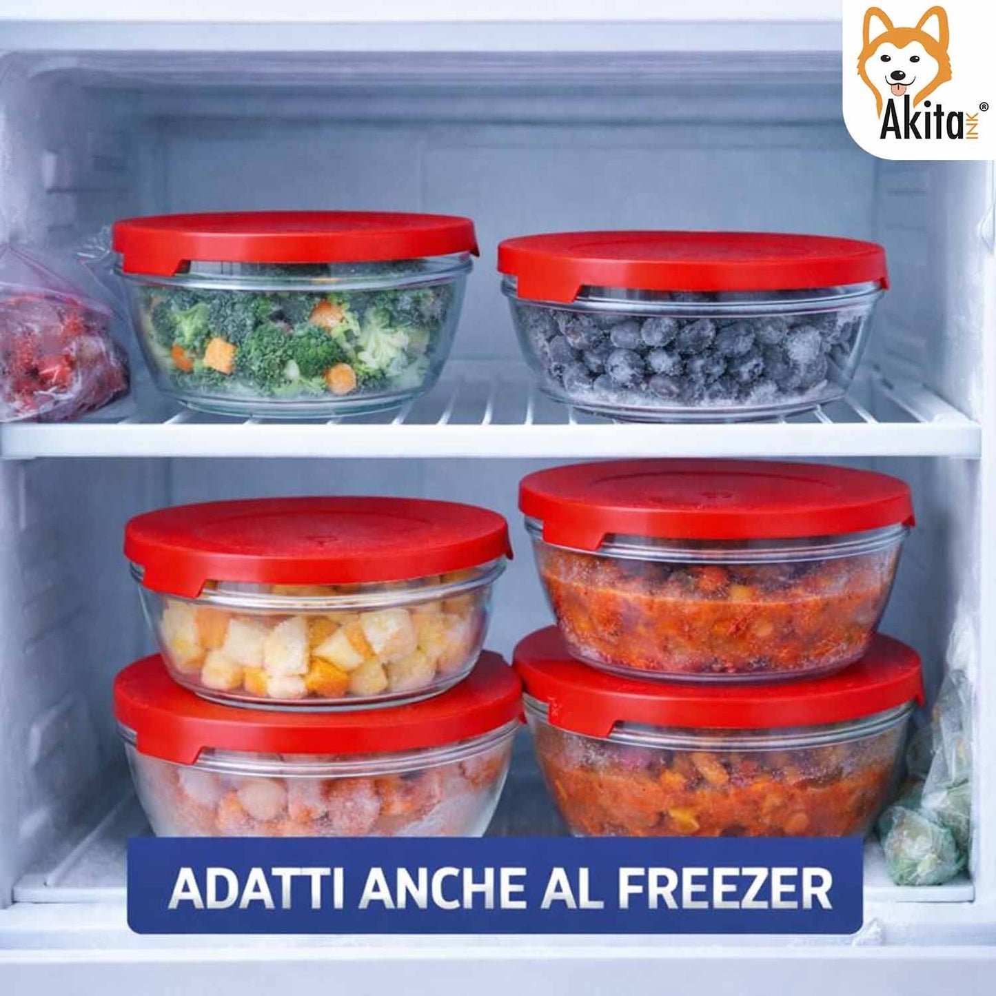 AkitaInk Set 5 Contenitori in Vetro con Coperchio Rosso - Ciotole Impilabili per Conservazione Alimenti, Frigo e Freezer - Diverse Misure