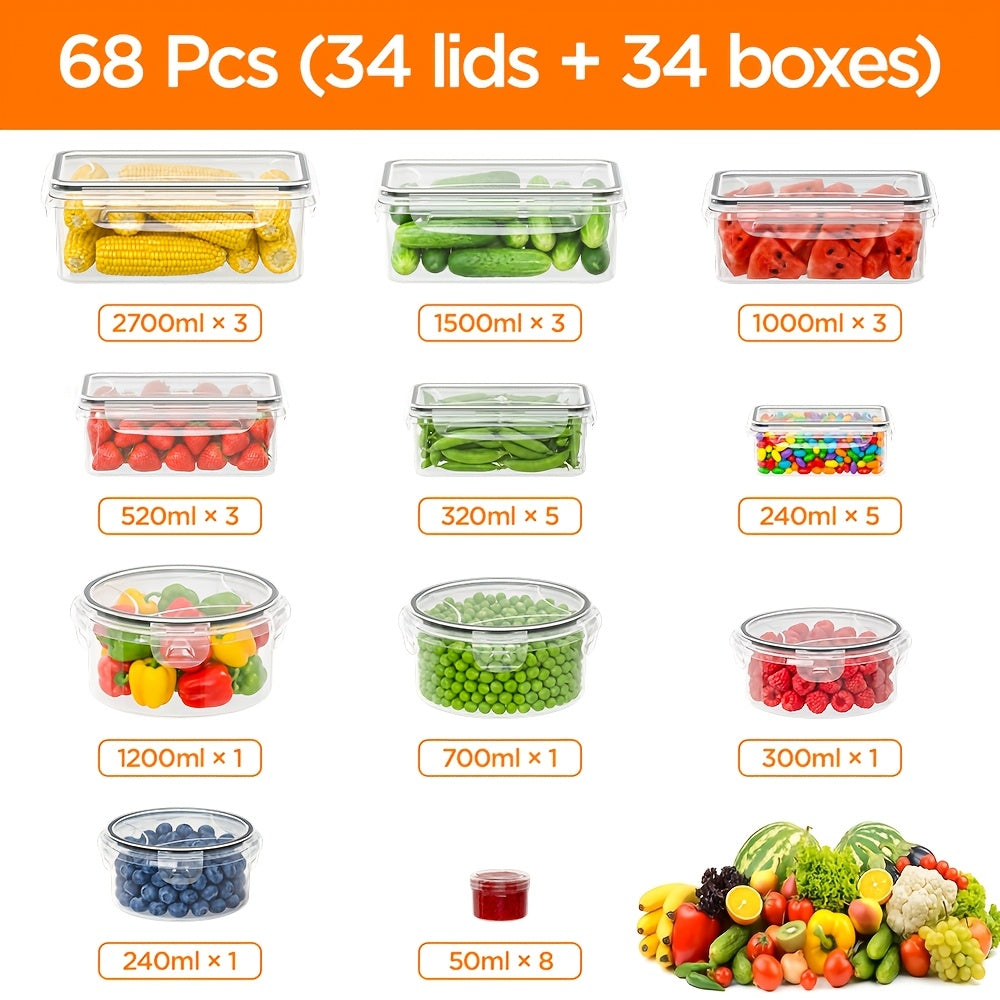 Set da 68/60/56/44/24 pezzi per conservazione alimentare sigillata - Contenitori di plastica ermetici e a prova di perdite con coperchi, organizzatori impilabili per frigo e contenitori per frigo, dispensa e avanzi, adatti a microonde/congelatore/lavastov