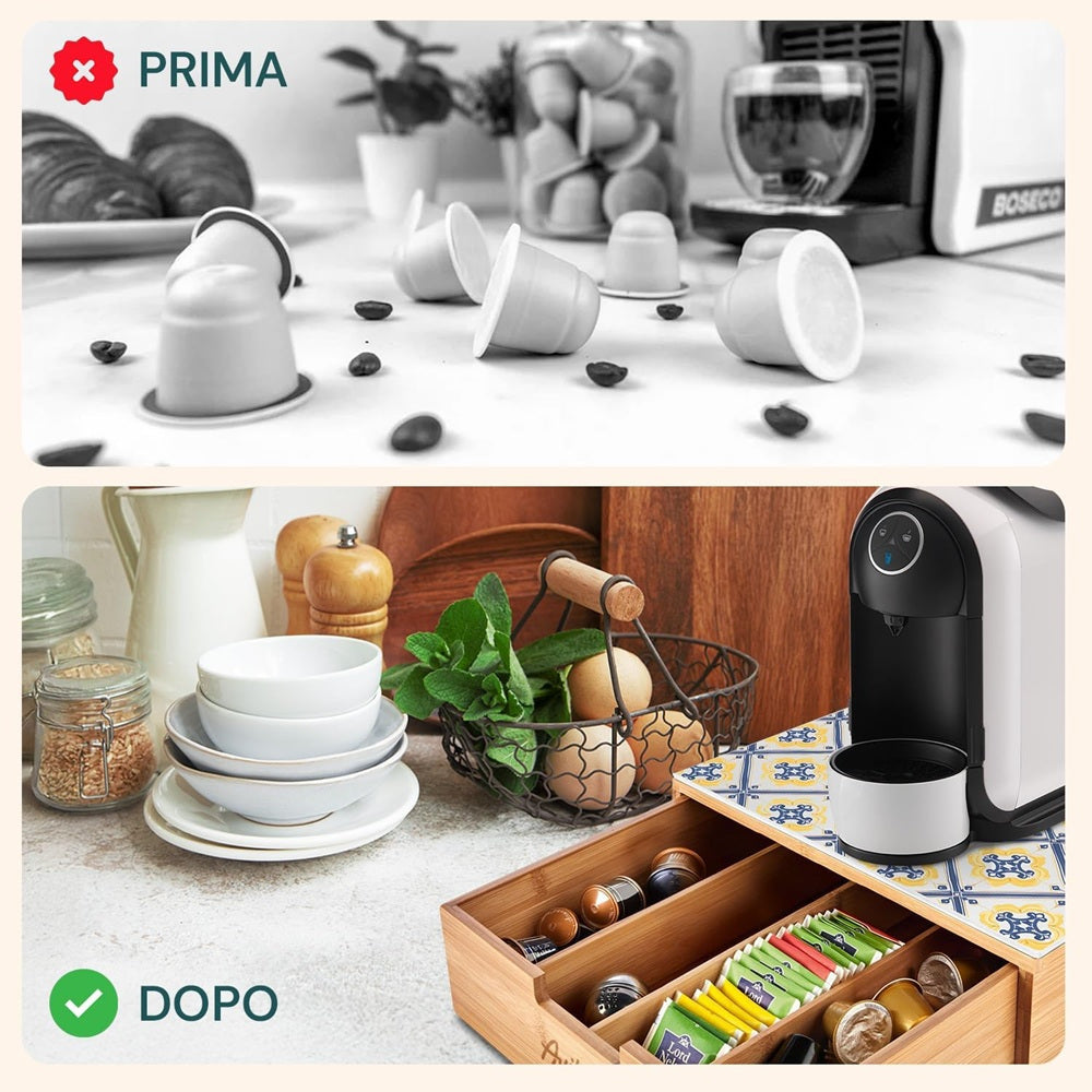 Porta cialde Organizer Bambù per Cialde con Vetro Temperato Organizer Capsule Caffè Cassetto Porta Oggetti Cassetto Minuteria Mobiletto Porta Tè Cassetto Cucito 4 Scomparti Separati