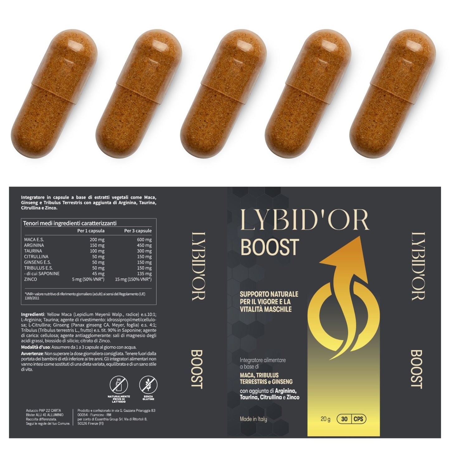 Lybid'Or BOOST Integratore Uomo Forte per Vigore e Prestazioni - Effetto Potente e Duraturo con Maca Peruviana, Tribulus Terrestris, Arginina, Citrullina, Ginseng, Zinco