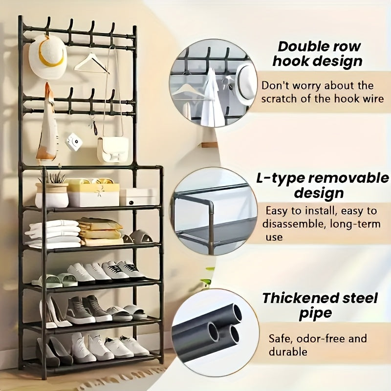 Scaffale per Scarpe - Appendiabiti Salvaspazio, Scaffale a 5 Ripiani con 8 Ganci, Struttura Robusta in Metallo Dorato/Plastica, Design Autoportante o da Parete per Casa, Ufficio e Negozio - Ideale per Scarpe, Cappotti, Cappelli, ecc., Regalo per Halloween
