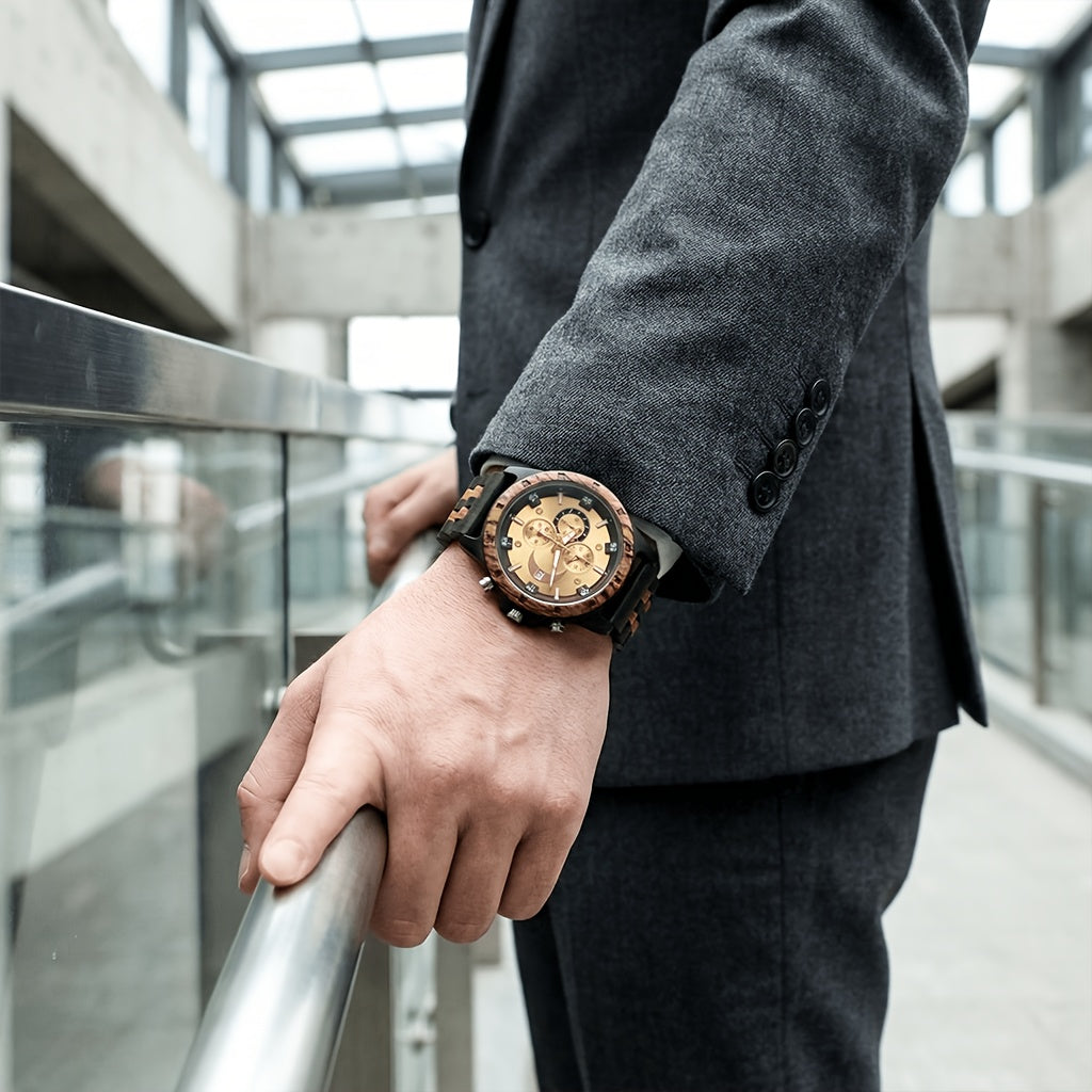Orologi da Polso in Legno per Uomo, Orologi al Quarzo alla Moda con Data, Settimana e Ora, Scatola in Legno per Lui