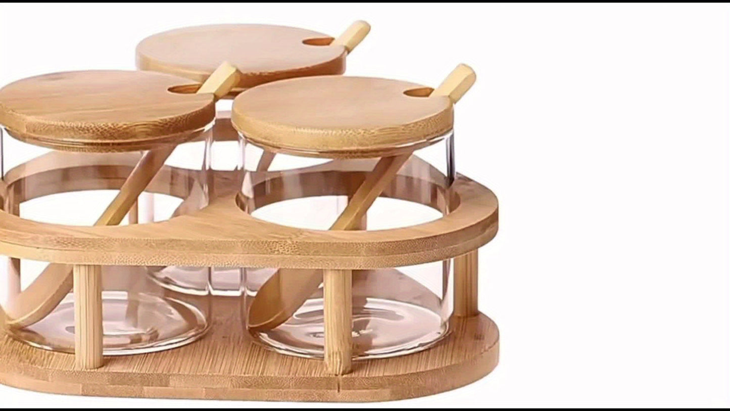 Magnatini da condimento in vetro trasparente con supporti triangolari, cucchiaio e coperchio in bambù, set di tre, 280ml × 3, adatti per sale, zucchero, spezie, , per cucina, magazzino locale