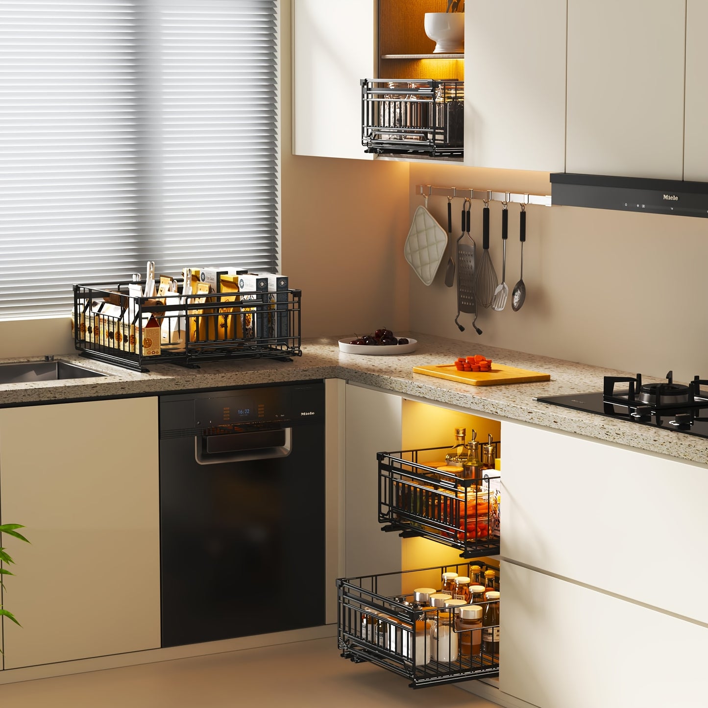 Organizzatore estraibile espandibile per armadietti, confezione da 1/2, ringhiera rialzata da 16.99 cm, larghezza regolabile da 32.99 cm a 50.98 cm, 3 guide, adesivo, non necessita di fori, stacca e incolla, cassetti estraibili adesivi per armadietti, cap