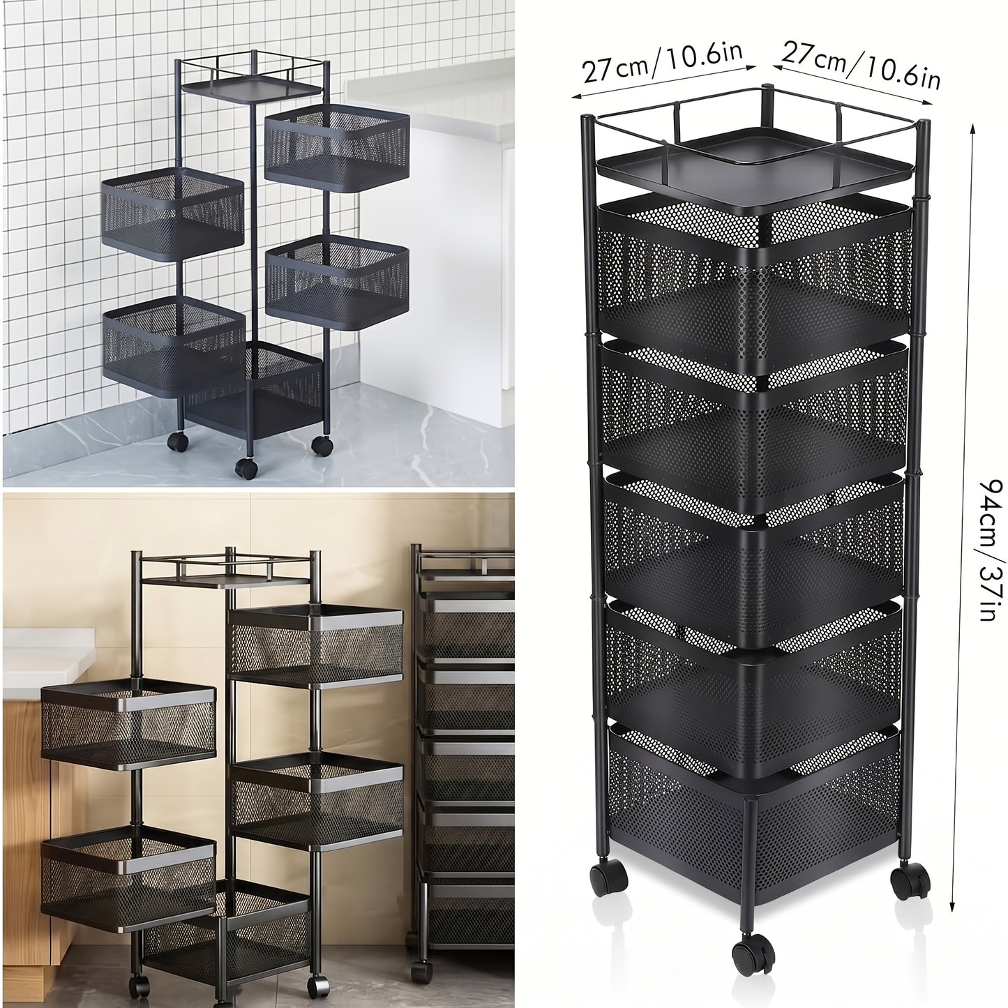Carrello da cucina universale multifunzionale con ripiano, cestino, contenitore portaoggetti e ruote, organizzatore per scaffale da cucina per cucina, bagno e ufficio, nero, 5 scomparti