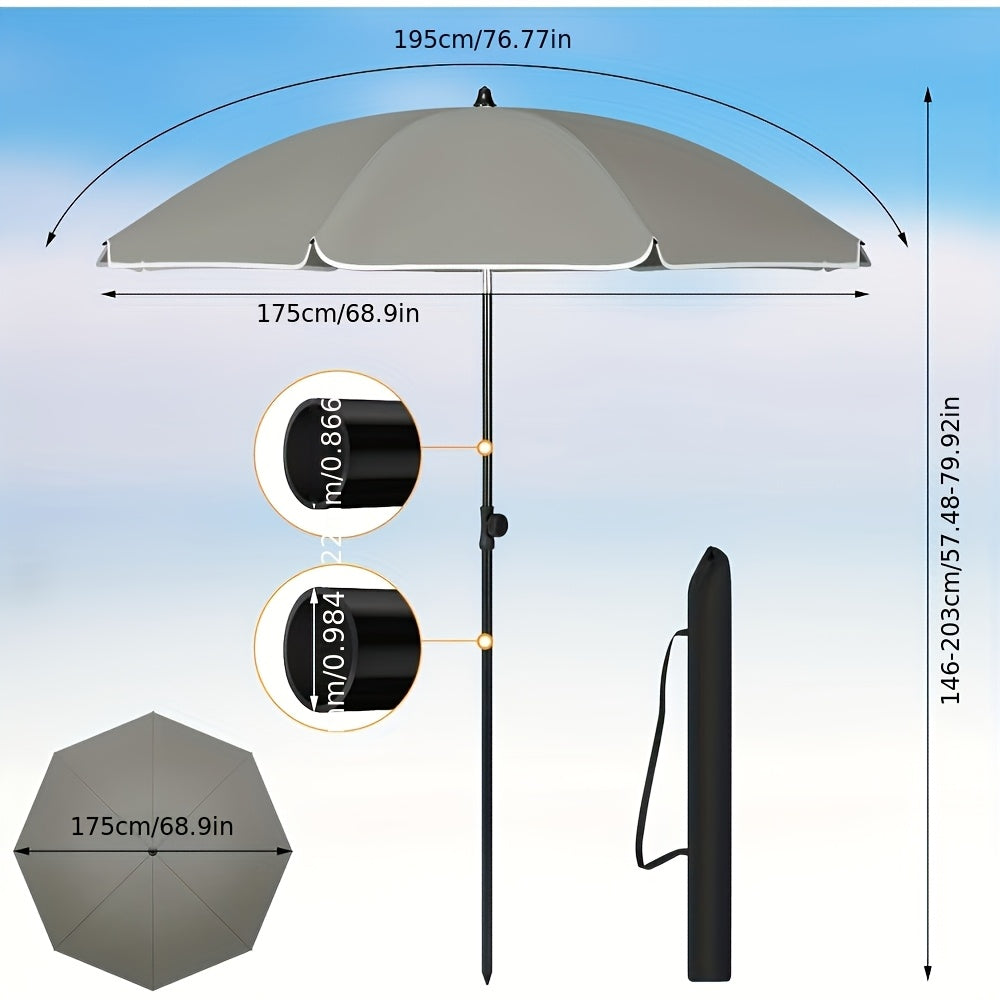 1 ombrellone da spiaggia, ombrello da balcone, protezione UV, ombrello a 8 stecche, stabile, regolabile, pieghevole a 45°, peso 180G/M², blocca efficacemente i raggi UV, portatile, compagno ideale per campeggio e giornate in spiaggia
