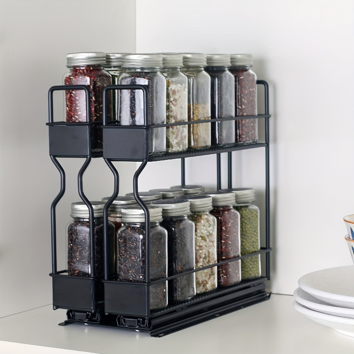 1 pz. Scaffale estraibile doppio nero per condimenti da cucina - Porta spezie salvaspazio con ripiano multiuso per piano di lavoro e mobile - Espande lo spazio con doppi strati ed elegante finitura nera
