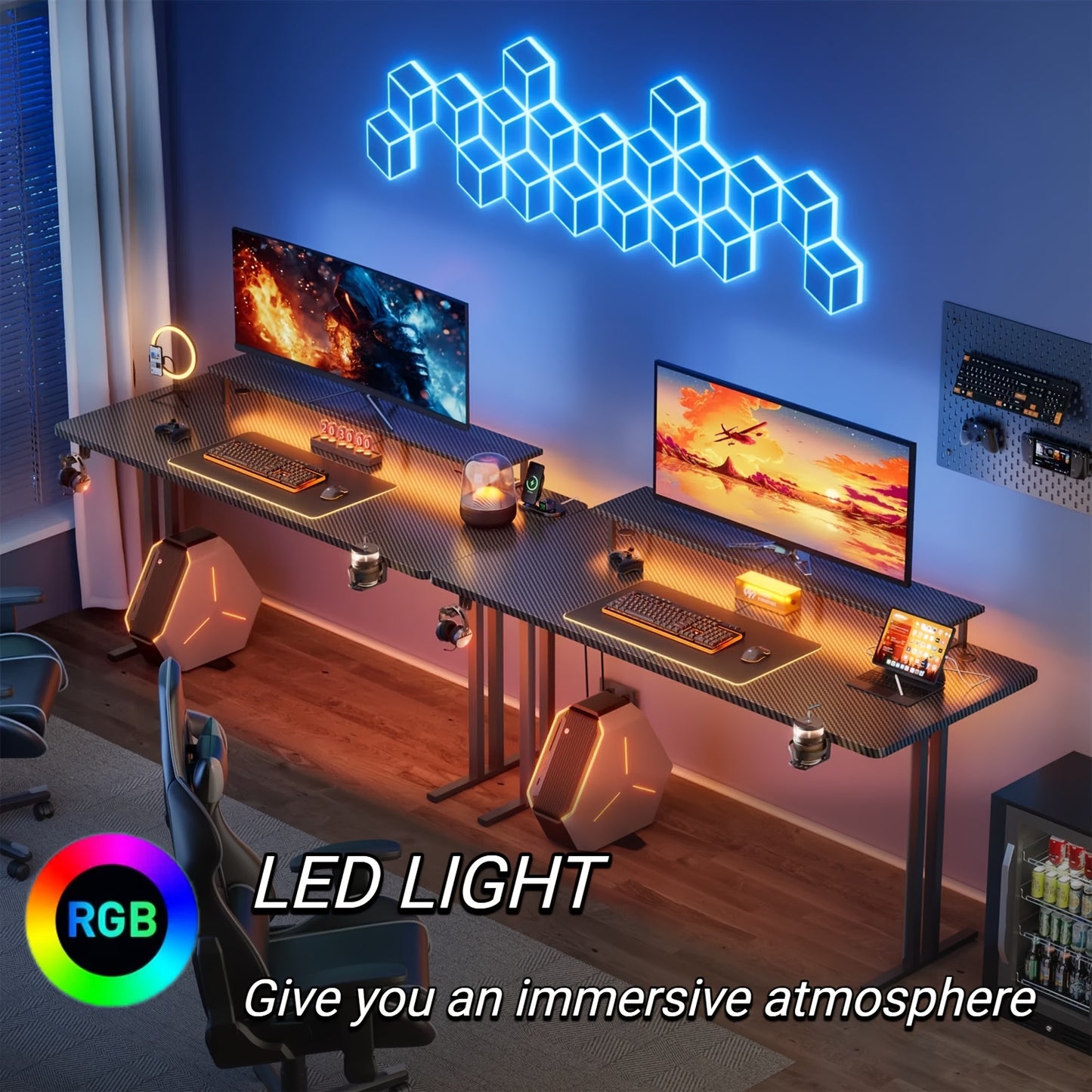 Scrivania Gaming RGB LED con Prese Elettriche e Supporto per Monitor, Postazione Ergonomica per Computer, Ampio Piano in Fibra di Carbonio per Ufficio Domestico con Portabicchieri e Gancio per Cuffie, Nero