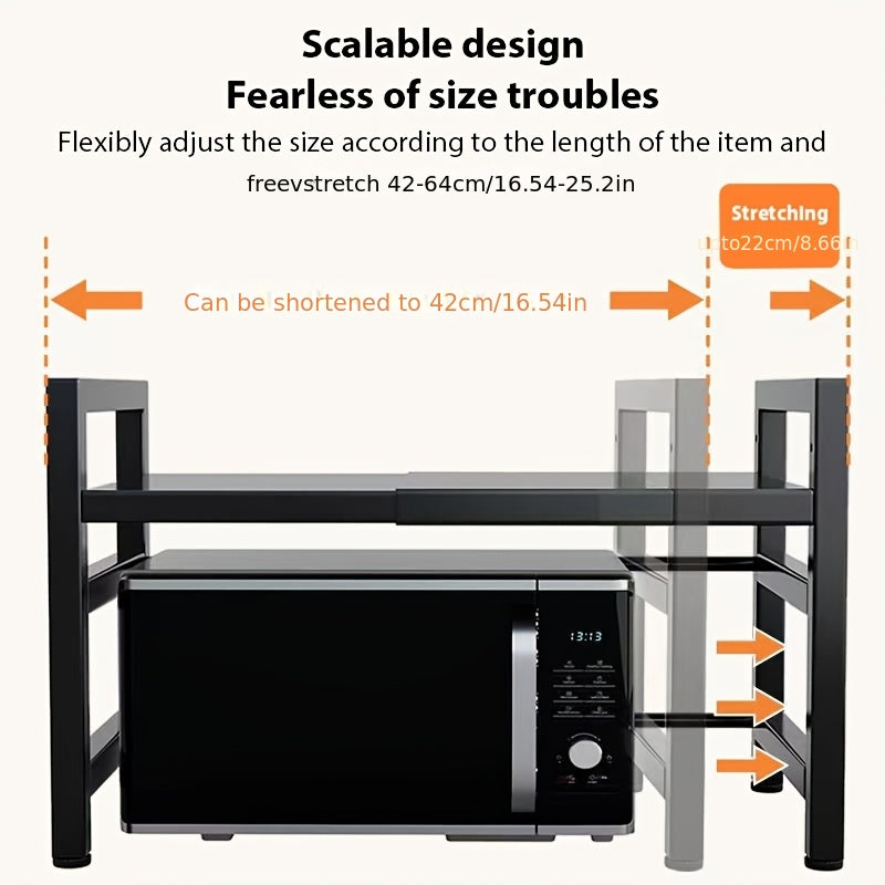 Scaffale per microonde regolabile ed espandibile - Ripiano da appoggio in acciaio al carbonio resistente per riporre oggetti in cucina, utensili e stoviglie, larghezza regolabile 40-64 cm, altezza regolabile 32-2 cm - Design salvaspazio per cucine moderne