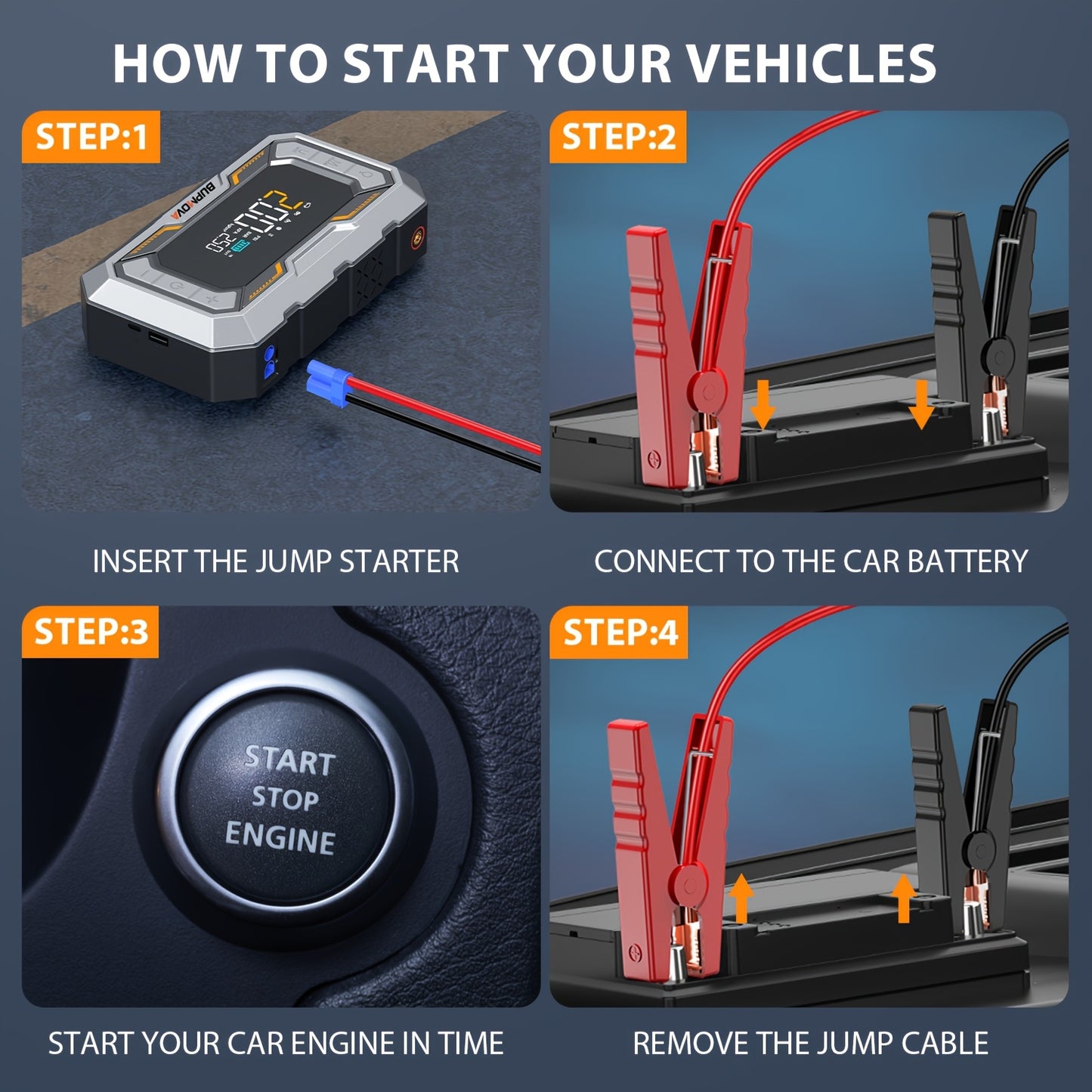 Avviatore di emergenza per auto 9500A con compressore d'aria, gonfiatore per pneumatici cordless, booster per batteria auto con power bank e torce a LED, scatola di avviamento automatico 12V per tutti i veicoli a benzina o diesel da 10.0L, doppia display