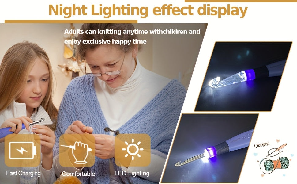 Kit per Uncinetti da 18 in 1 con Contatore e Luce LED, Chiave Grande/Piccola, Manico di Ricambio e Borsa Portautensili, Ideale per Maglia a Uncinetto e Aro