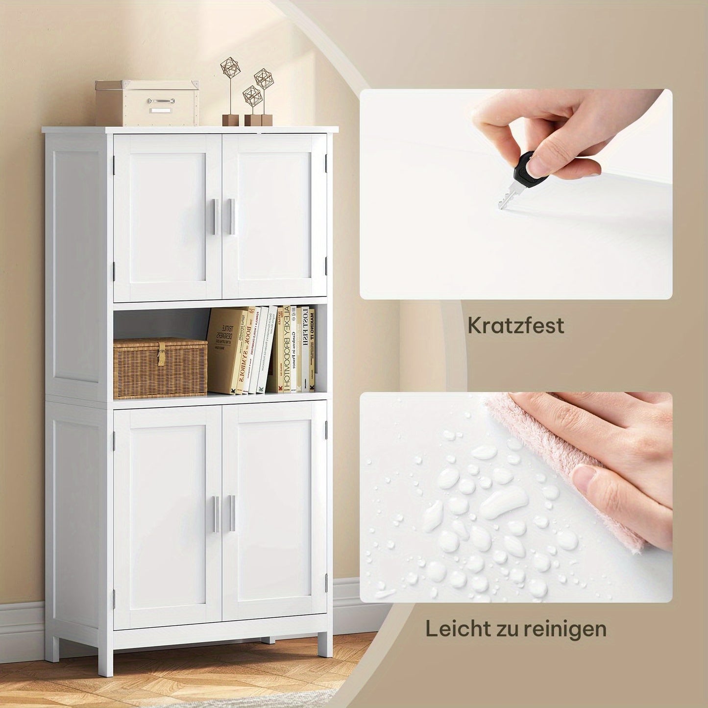1 pz Mobiletto contenitore multifunzionale moderno e semplice, mobile per bagno, design a quattro ante + ripiano aperto, adatto per bagno/cucina/soggiorno/ufficio 60x120x30cm bianco, manufatto contenitore per la casa