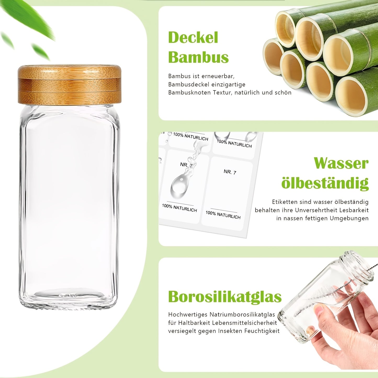 Set da 24 barattoli per spezie con portaspezie in bambù, barattoli per spezie in vetro con etichette nere in tedesco e coperchi ermetici in bambù, contenitore per spezie con imbuto grande in acciaio inossidabile, organizzatore per spezie facile da spostar