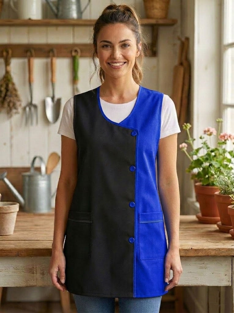 Grembiule da cucina liscio da donna, confortevole e resistente, dettagli moderni e funzionali: tasche frontali e bottoni frontali Utilizzo: cucina, casa, lavoro e attività quotidiane
