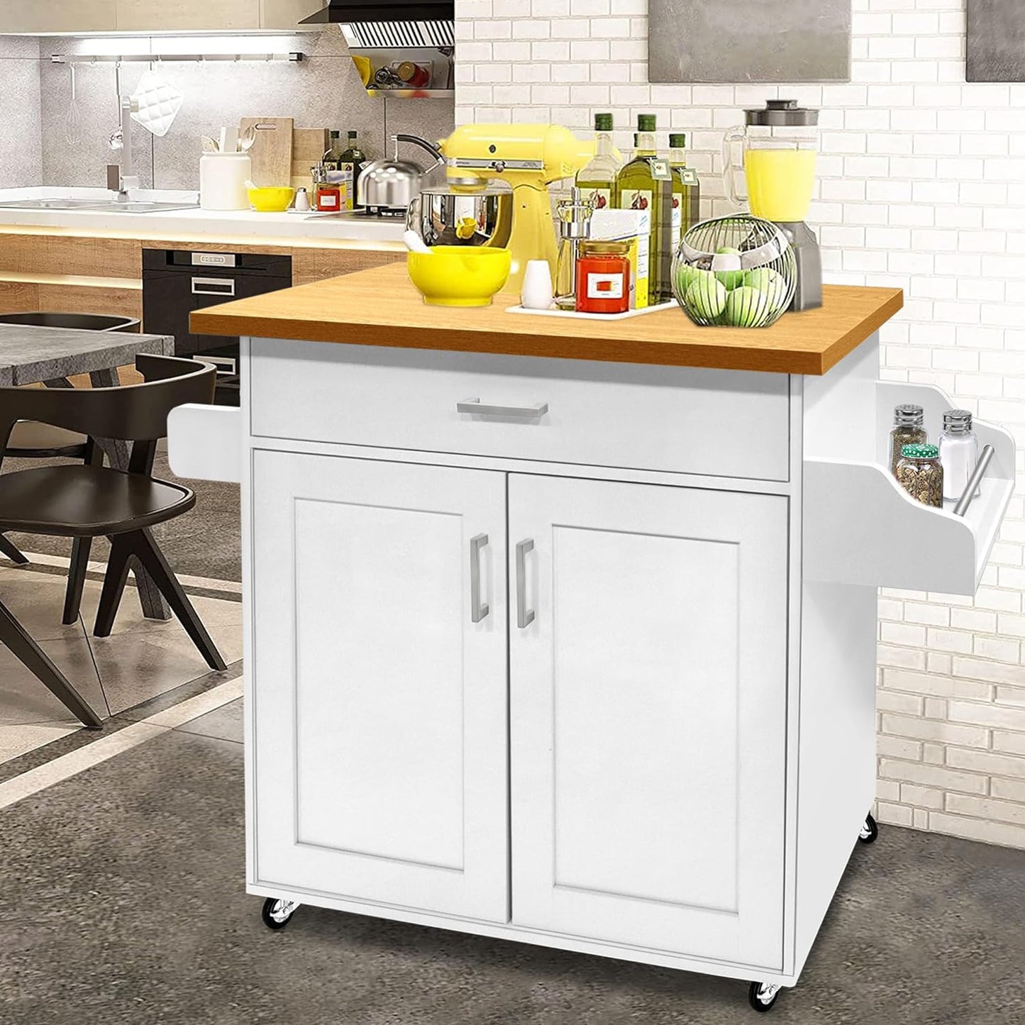 Carrello da cucina multiuso con misure 115 x 36 x 90 cm, dotato di ruote a 360° e ripiani per spezie, in colore bianco