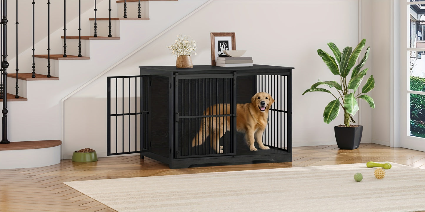 Gabbia per Cani Arredo, 110cm Gabbia per Cani, Cuccia Moderna Interna a Doppia Porta per Razze Medie e Grandi, Tavolino Laterale con Porte Scorrevoli Rinforzate 110 × 65 × 81cm