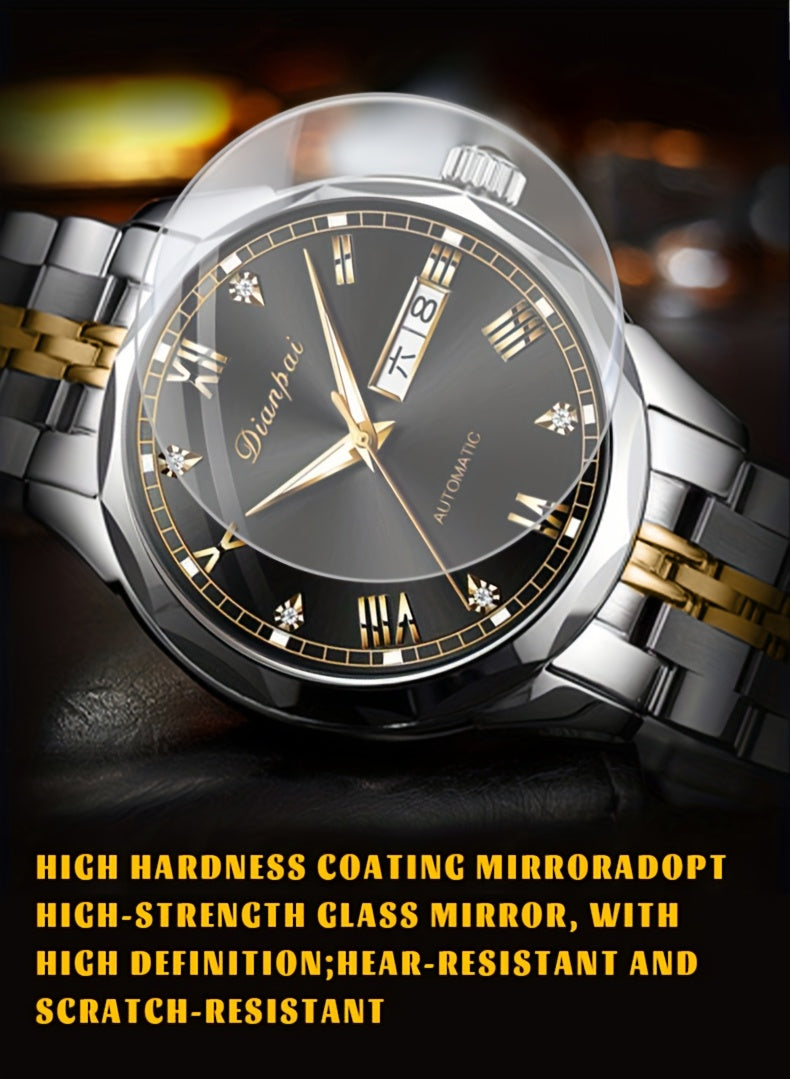 Orologio meccanico automatico di lusso per uomo di Dianpai, adatto per l'uso quotidiano casual, con design rotondo, calendario e lancette luminose, un regalo perfetto per uomini, senza batteria