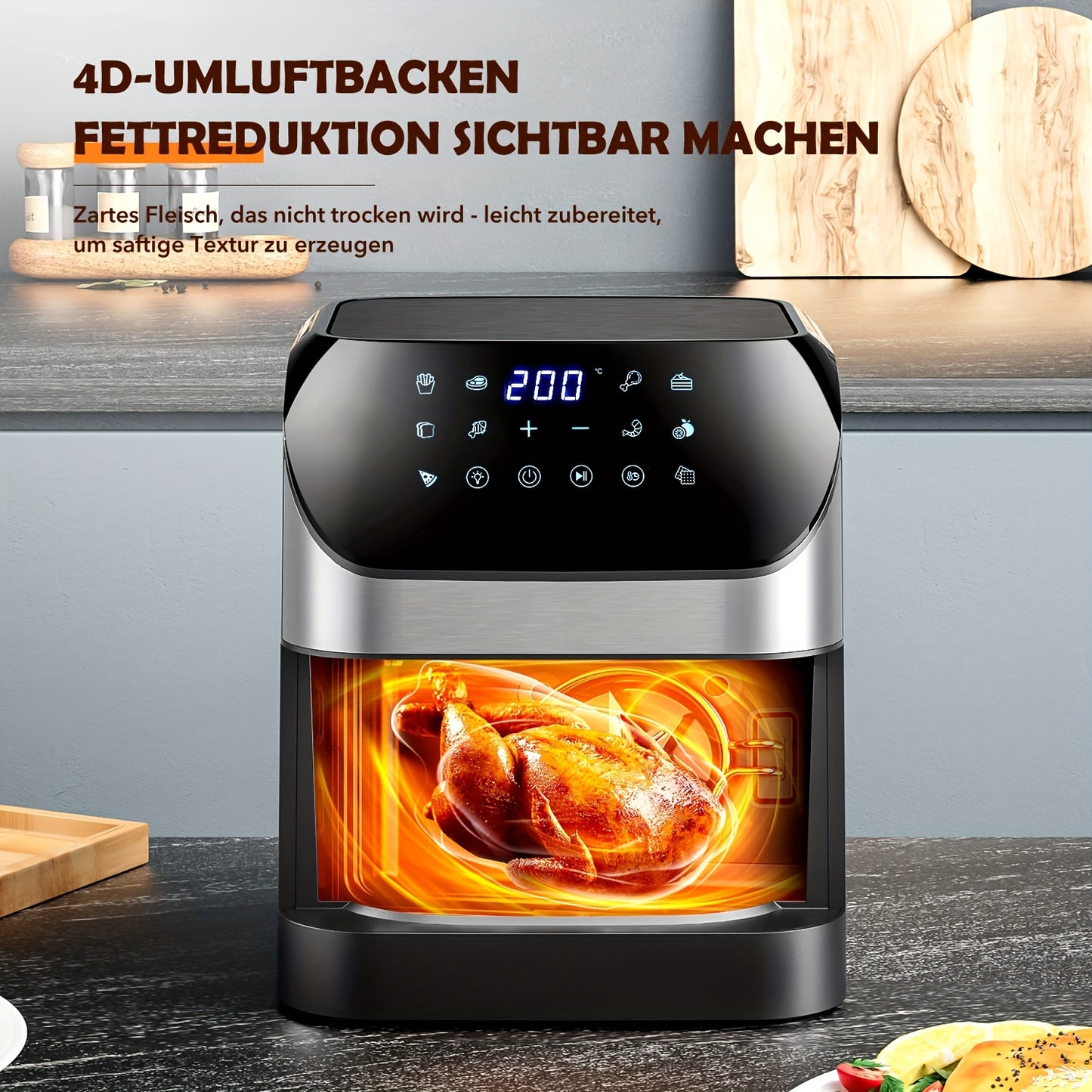 Friggitrice ad aria XXL 8L con finestra di visualizzazione, friggitrice senza olio, temperatura regolabile 80°C-200°C, 10 impostazioni predefinite con un tocco, controllo digitale, cestello antiaderente, friggitrice ad aria stile Ninja